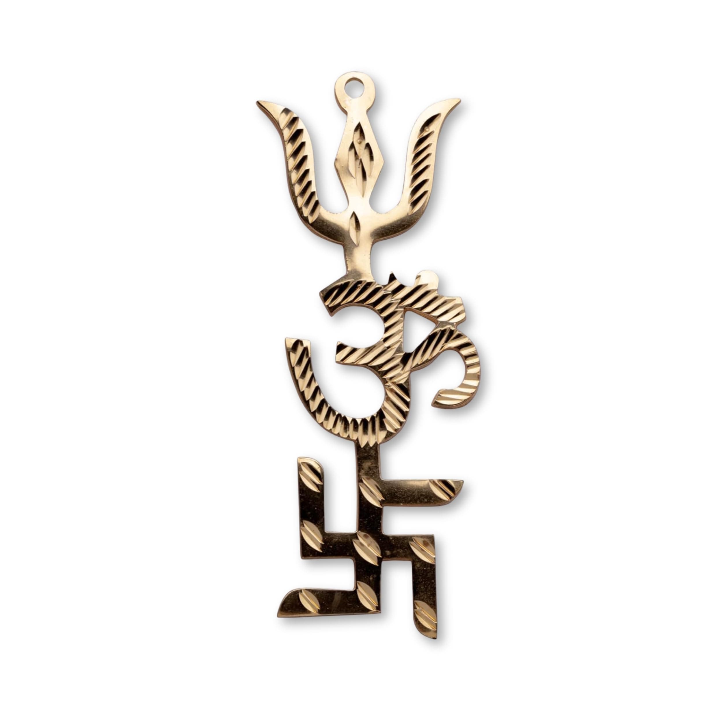 Plus Value Brass Swastik Om Trishul Wall Hanging Vastu Trishakti Yantra Home Office Main Door Entrance Protection Decor Astrology Positivity (4 Inches, Gold)