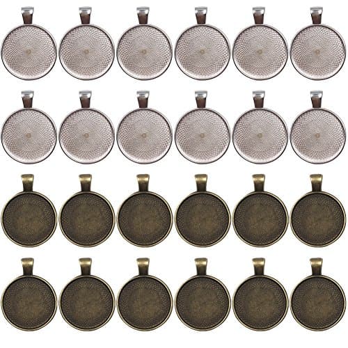 Dcatcher 24 PCS Bezel Pendant Trays Round Cabochon Settings Trays Pendant Blanks, 25mm Diameter, Antique Brass and Silver Colour