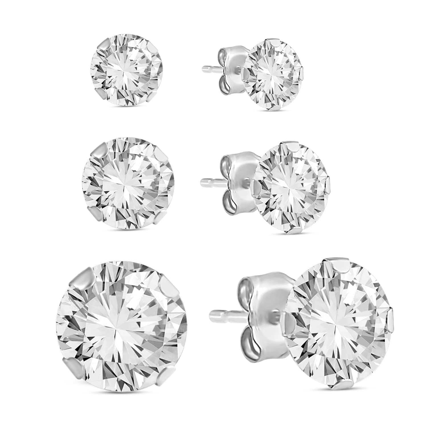 3 Pair Cubic Zirconia Stud Earrings for Women | 10K White Yellow Gold Earrings for Sensitive Ears 4MM, 5MM and 6MM Set | Gold Stud Push back Earrings | With Jewelry Gift Box