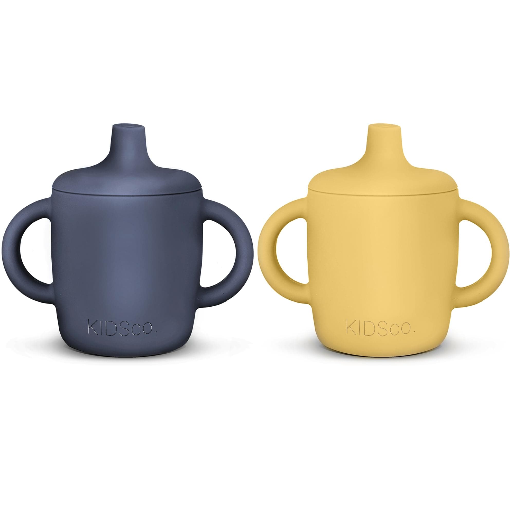 KIDSco.Silicone Sippy Cups with Easy Grip Transition Handles and a Soft Spout. A Non Toxic No Spill Unbreakable Training Cup 150ml/5oz |2-PACK Midnight Blue and Canary|
