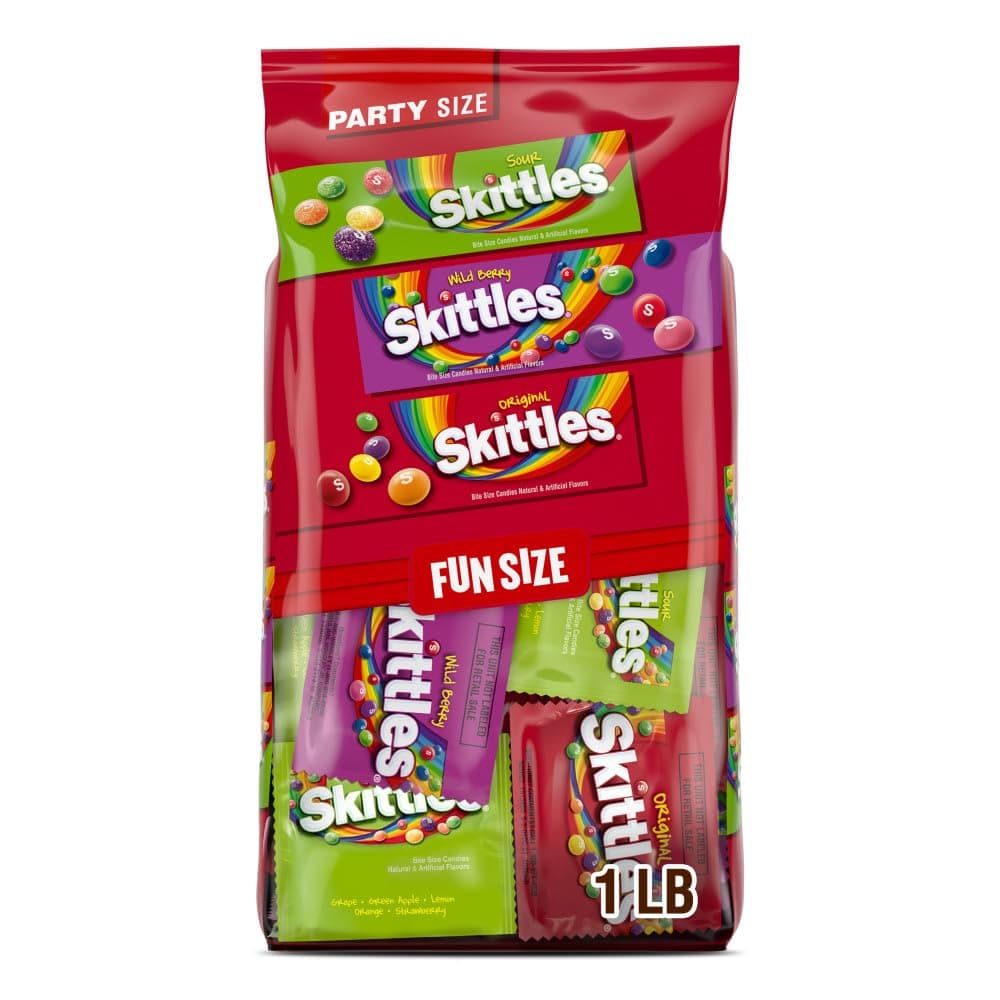 SKITTLES Original, SKITTLES Wild Berry & SKITTLES Sour Fun Size Chewy Candy Variety Pack, Party Size, 26.46 Bulk Bag Oz