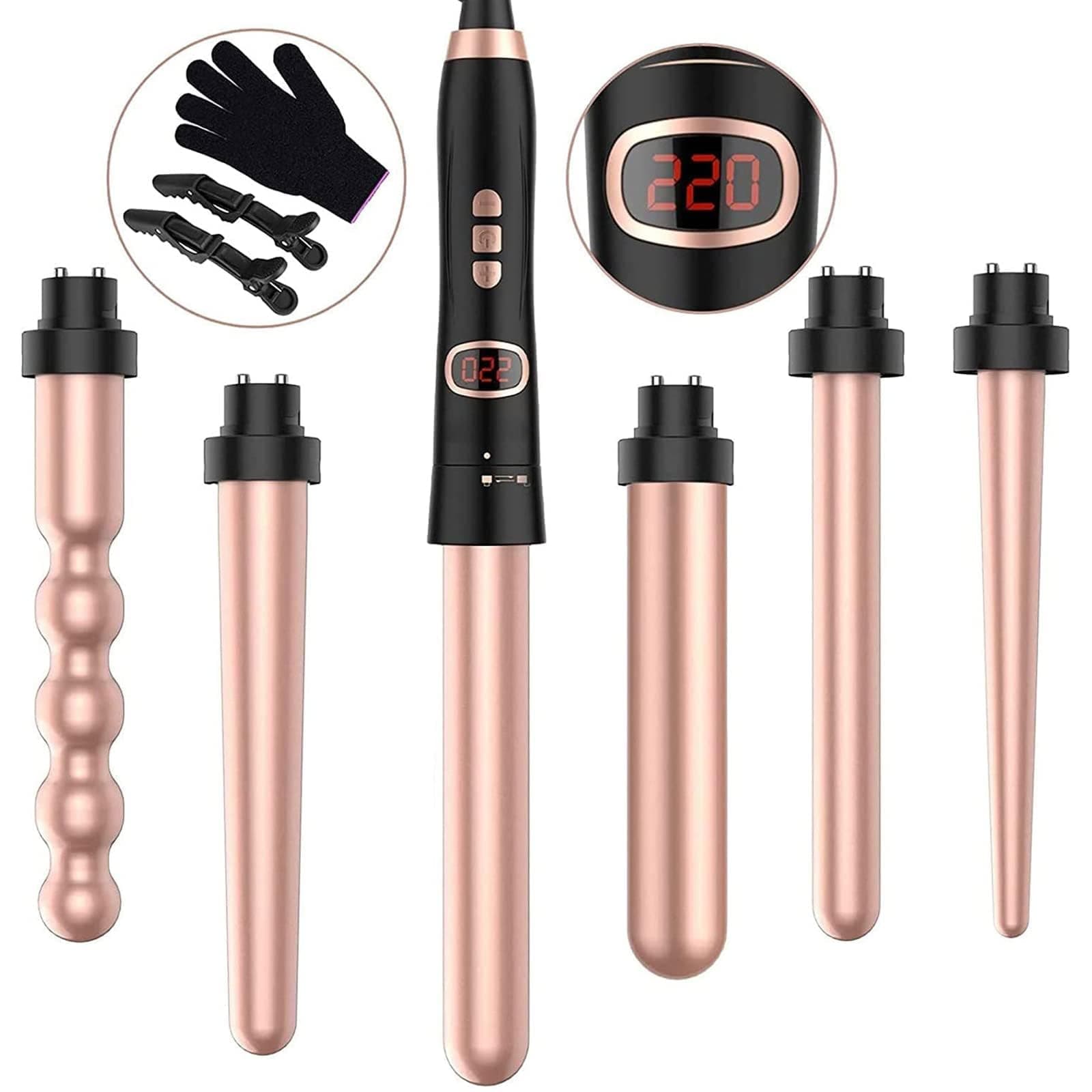 Beach Waver Curling Iron, 5 in 1 Curling Wand Set with 3 Barrel Hair Crimper Hair Waver, Fast Heating Hair Wand Curler with LCD Temp Control