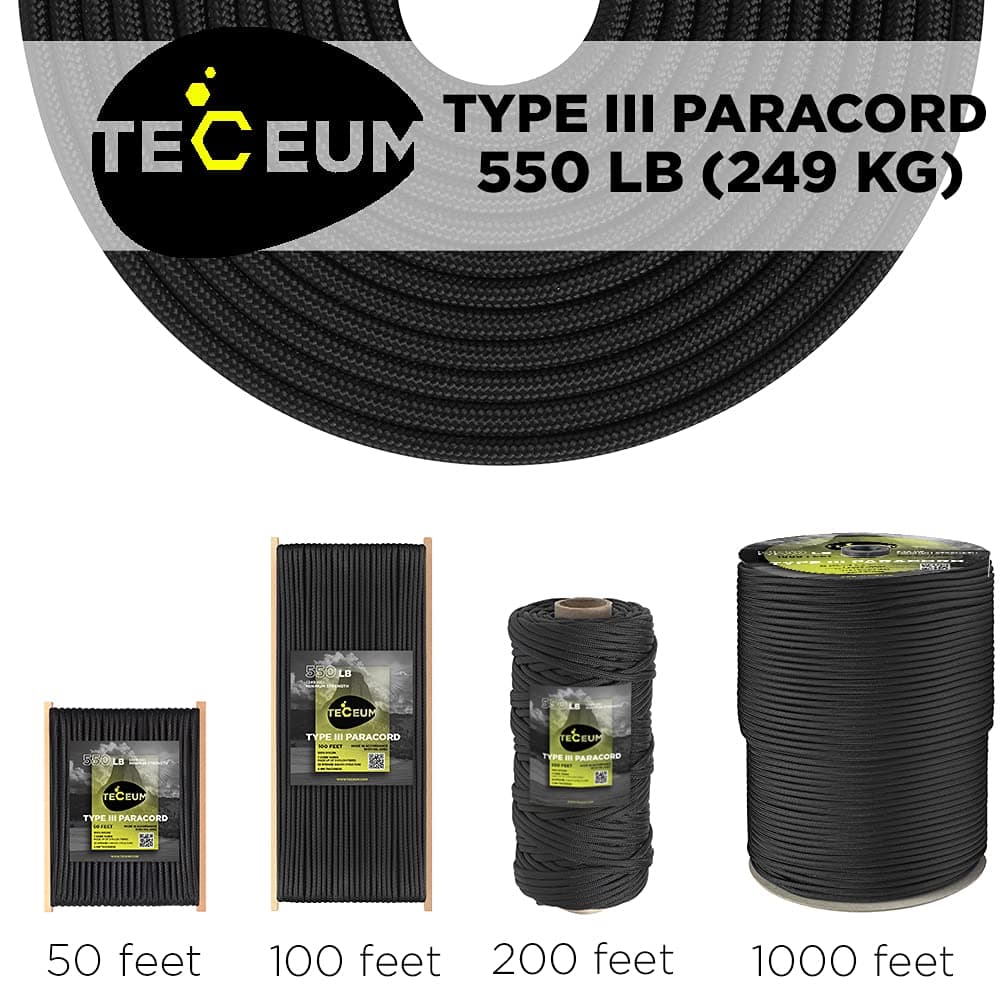 TECEUM Reflective Paracord Rope 1000 – 1000ft/200ft/100ft/50ft – 40+ Colors – Glow in The Dark – para Cord – Utility Rope for Survival, Hunting & Camping Gear – Nylon String, Camping Rope, Tent Cord