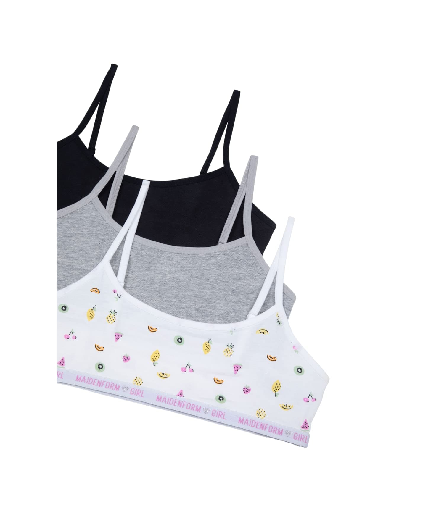 MaidenformGirls' 3PK Cotton Crop Training Bra, Fruit Fun/Heather Grey/Black