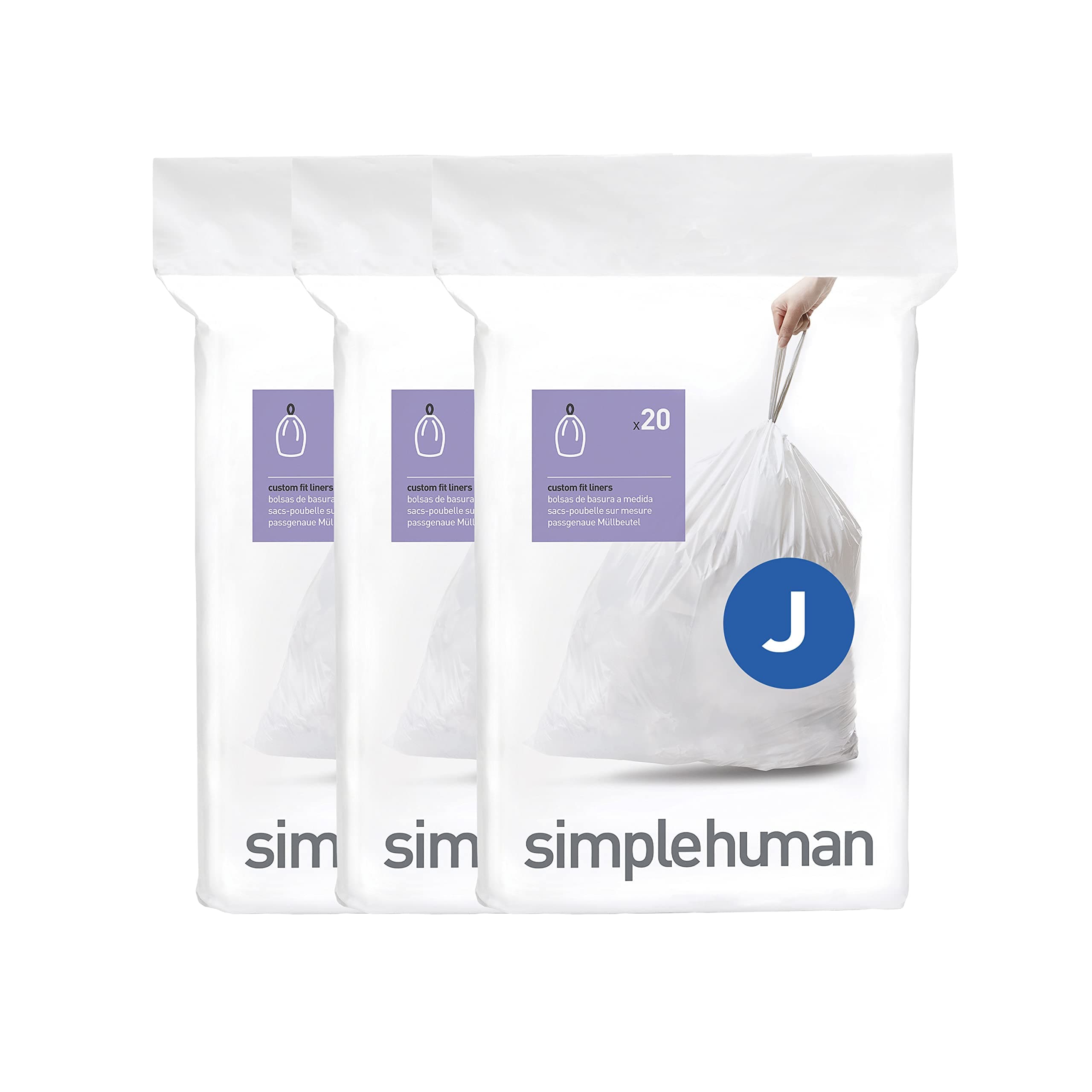 simplehuman Code J Custom Fit Liners, Tall Kitchen Drawstring Trash Bags, 30-45 Liter / 8-12 Gallon, 3 Refill Packs (60 Count)