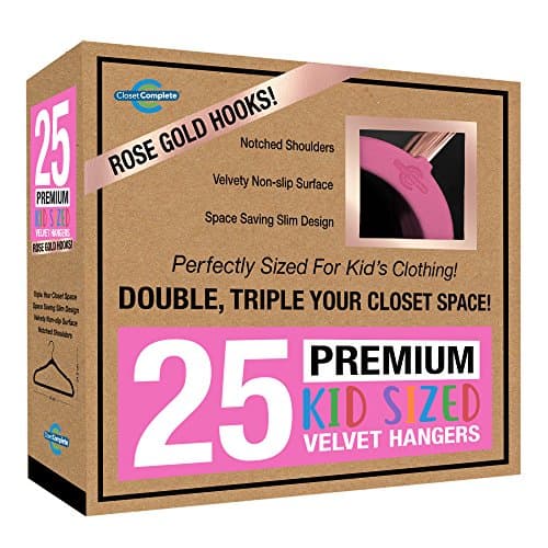 Closet Complete Kids Size, Premium Heavyweight, Virtually-UNBREAKABLE, Velvet Hangers, Ultra-Thin, Space Saving, No-Slip, Best Size For Kids 4-15 years, 360º Spin, Rose Gold Hooks, Pink, Set of 25