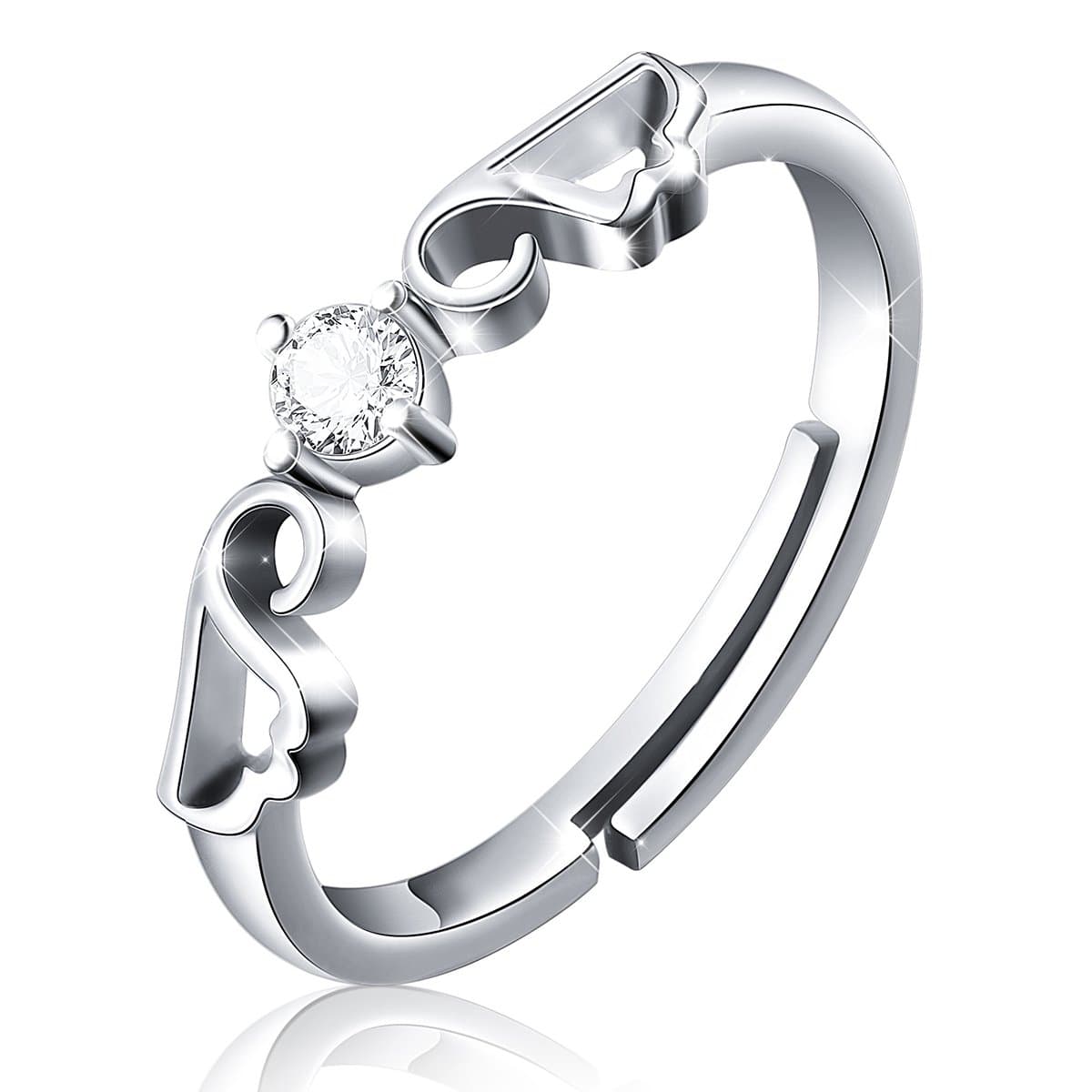 S925 Sterling Sliver Angel Wing Ring Cubic Zirconia Resizable Ring，7#
