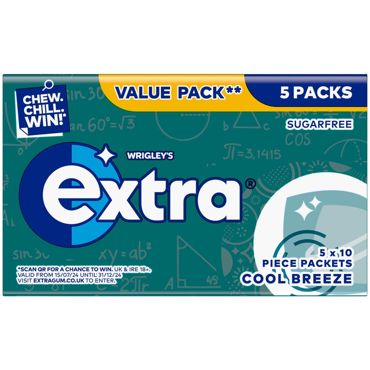 Extra Chewing Gum, Sugar Free, Cool Breeze Flavour, 5 x 10 Pieces