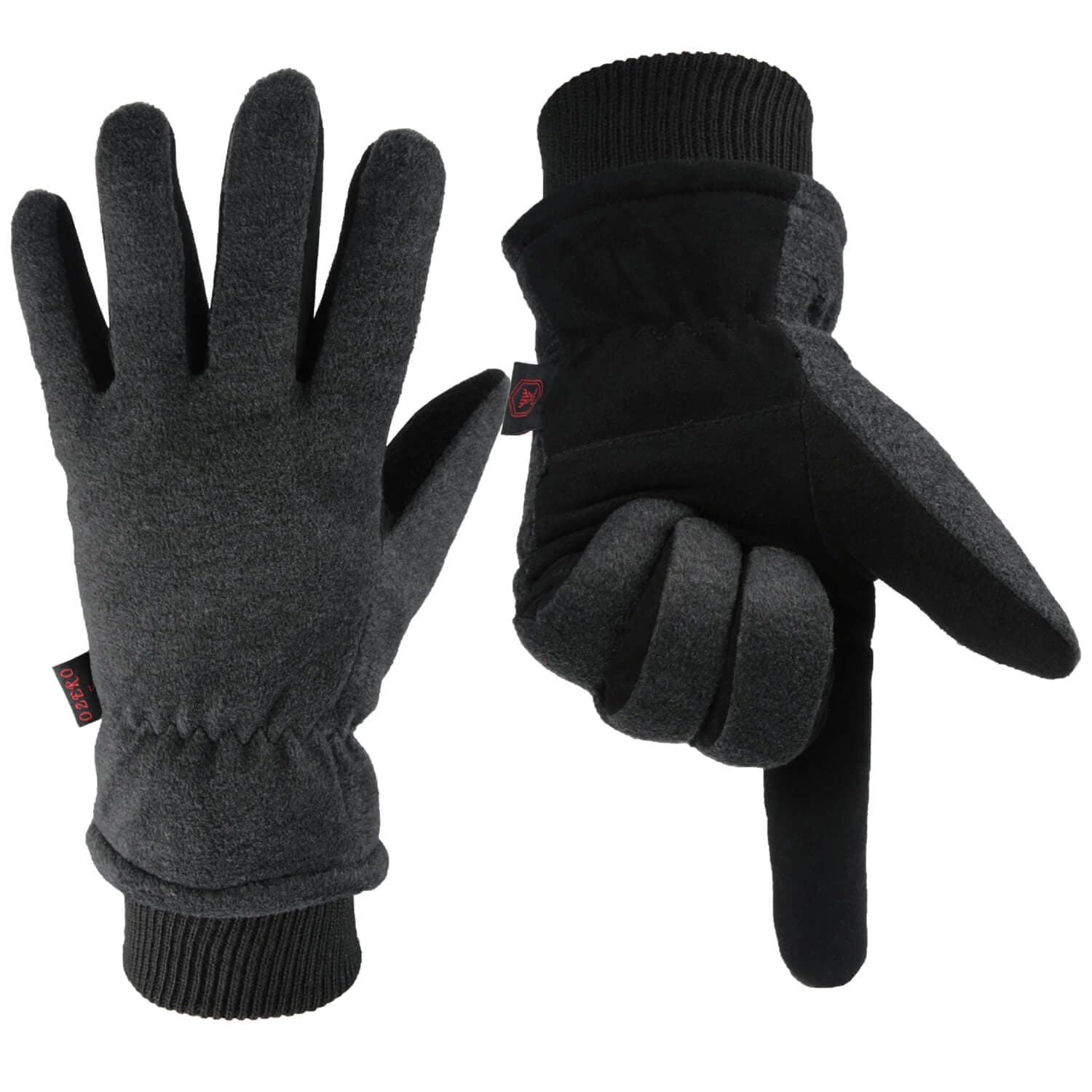OZERO Winter Gloves Coldproof Snow Work Ski Glove - Deerskin Leather Palm & Polar Fleece Back with Insulated Cotton - Windproof Water-Resistant Warm Hands in Cold Weather for Women Men - Gray(L)