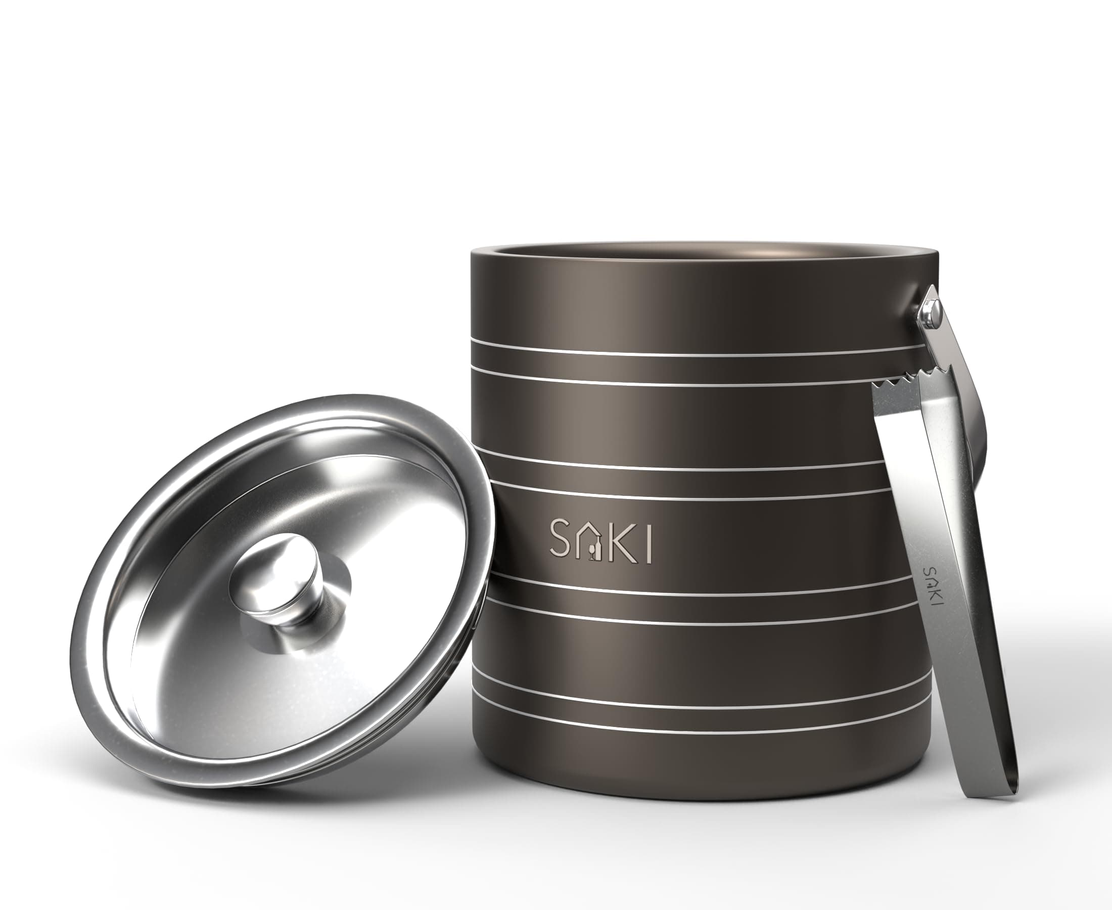 SAKI | Stainless Steel Ice Bucket with Tong - 1500 ml | Ice Bucket for Bar & Home | Premium Ice Bucket | Bar Accessories for Home | Gray Color | Ring Design, Medium, 1.5L