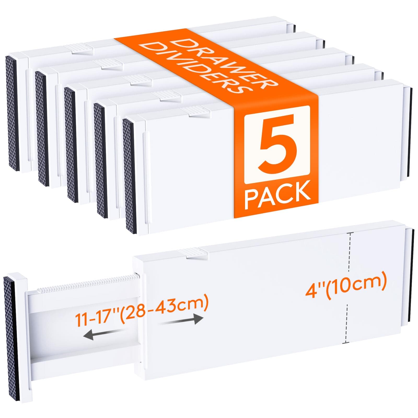 Lifewit Drawers Dividers, 10 cm high, closet organizer, 28 to 44.5 cm long, expandable dividers for storing clothes, T-Shirts, pants, bathroom accessories, kitchen, office, white, 5 pack