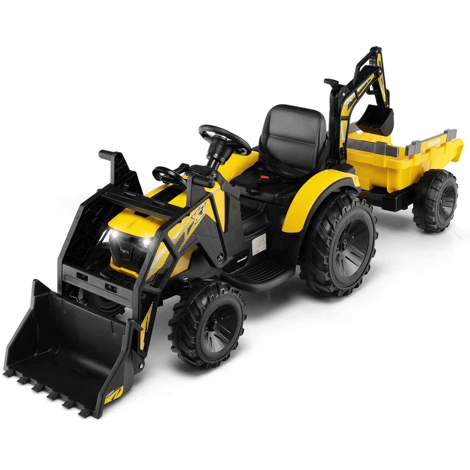 Costzon 3 in 1 Ride on Excavator Bulldozer Tractor 12V Battery Electric Vehicle W/Remote Control, Trailer, Shovel, Digger, LED Lights, MP3 & USB, Kids Excavator Ride on Car for Kids 3-8 (Yellow)