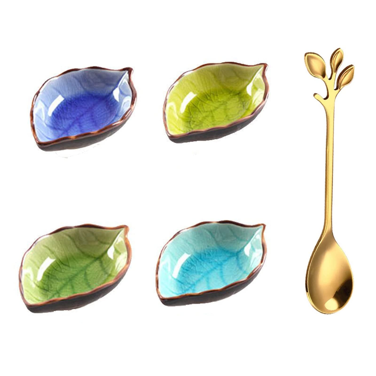 Winlauyet 4 Pcs Ceramic Sauce Dishes Dip Bowls with Spoon Leaf-Shape Mini Bowl Set Dish Tableware Condiment Chopsticks and Spoon Rack Holder