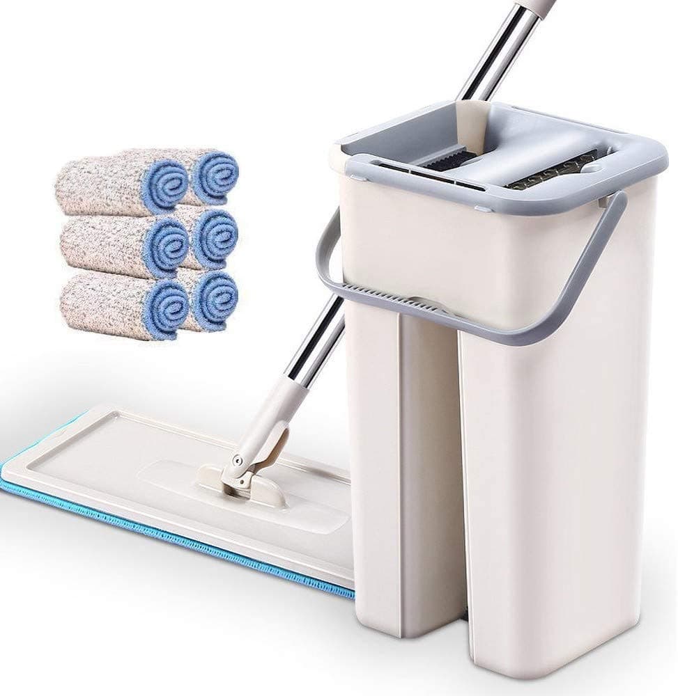 Tecoto Mop Bucket Set, 2 in 1 Wash Dry with Reusable Flat Mop Pads, Easy Self Wringing Dust Mops for Floor Cleaning