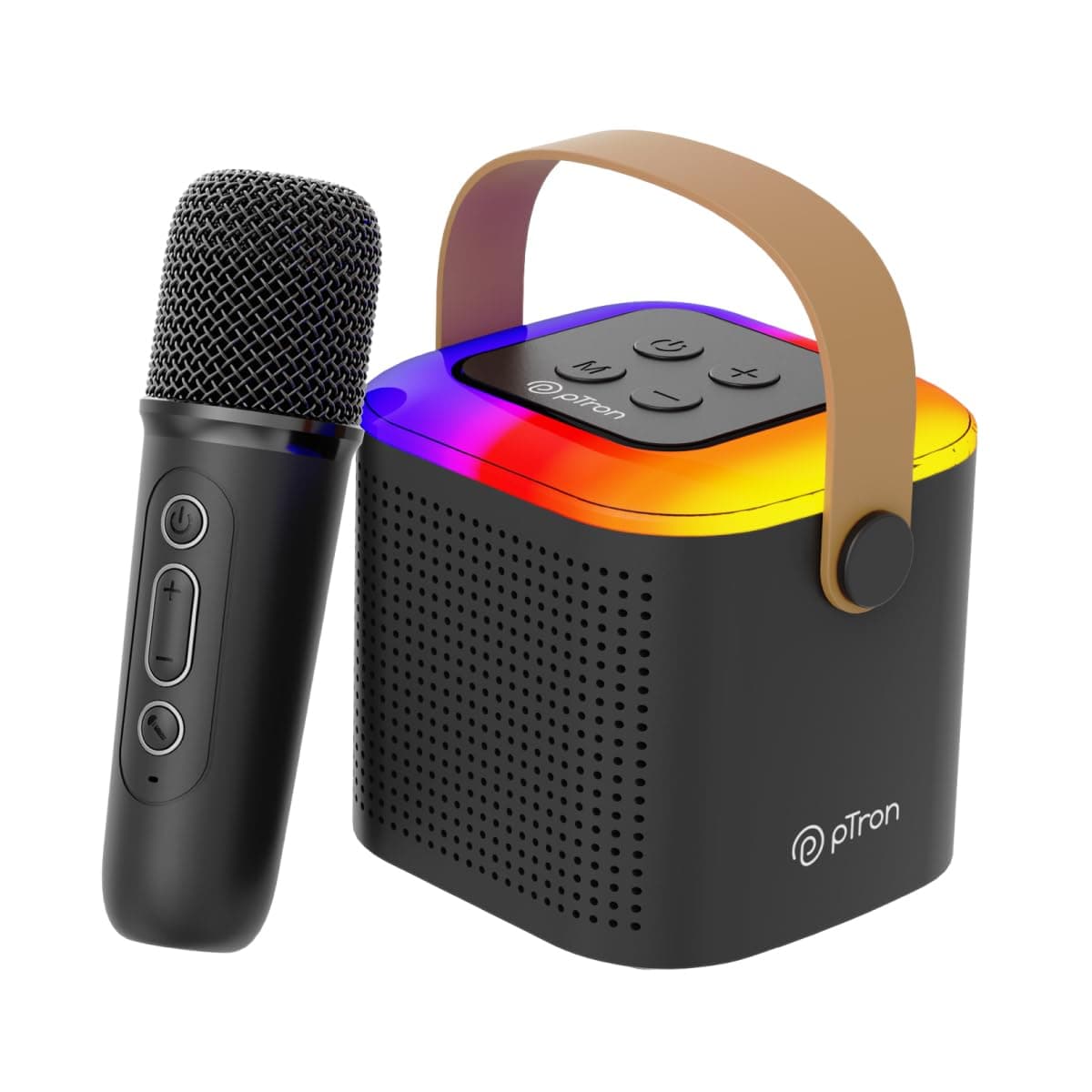 - pTron Newly Launched Fusion Tunes 10W Mini Bluetooth Speaker with Wireless Karaoke Mic, 8Hrs Playtime, Vivid RGB Lights, Voice Effects, Multi-Play Modes BT5.1/TF Card & Type-C Charging Port (Black)