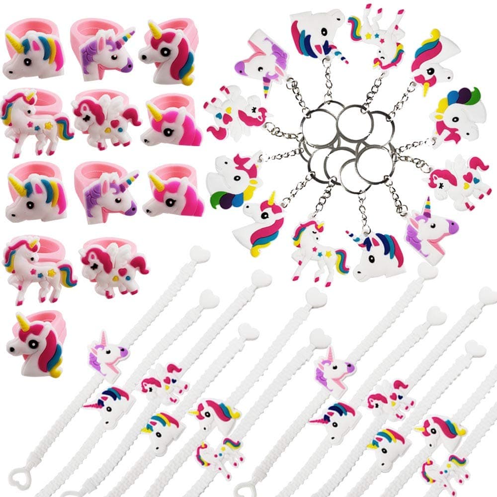 36 PCS Unicorn Party Favors Supplies, Rings, Bracelets, Keychains, Kids Girls Birthday Novel Rainbow Gifts Toys - Gtlzlz