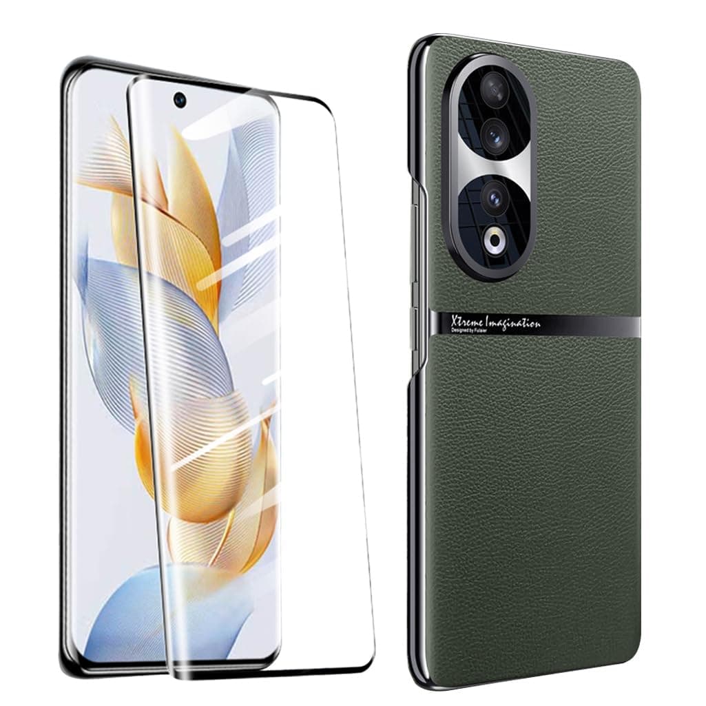 QUIETIP Hard Case Compatible with Honor 90 5G with Tempered Glass Screen Protector,Slim Shockproof Vegetarian Shell Metal Lens Protective Cover,Green