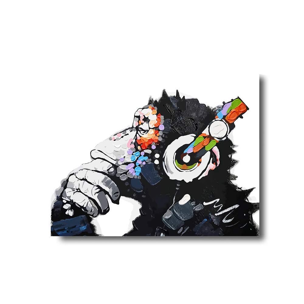 iFine Art ' DJ Monkey Thinker with Headphones Chimp ' Wall Art Framed Oil Paintings Printed on Canvas for Home Decorations Home Decor Modern Artwork Hanging for Living Room Bedroom, Ready to Hang