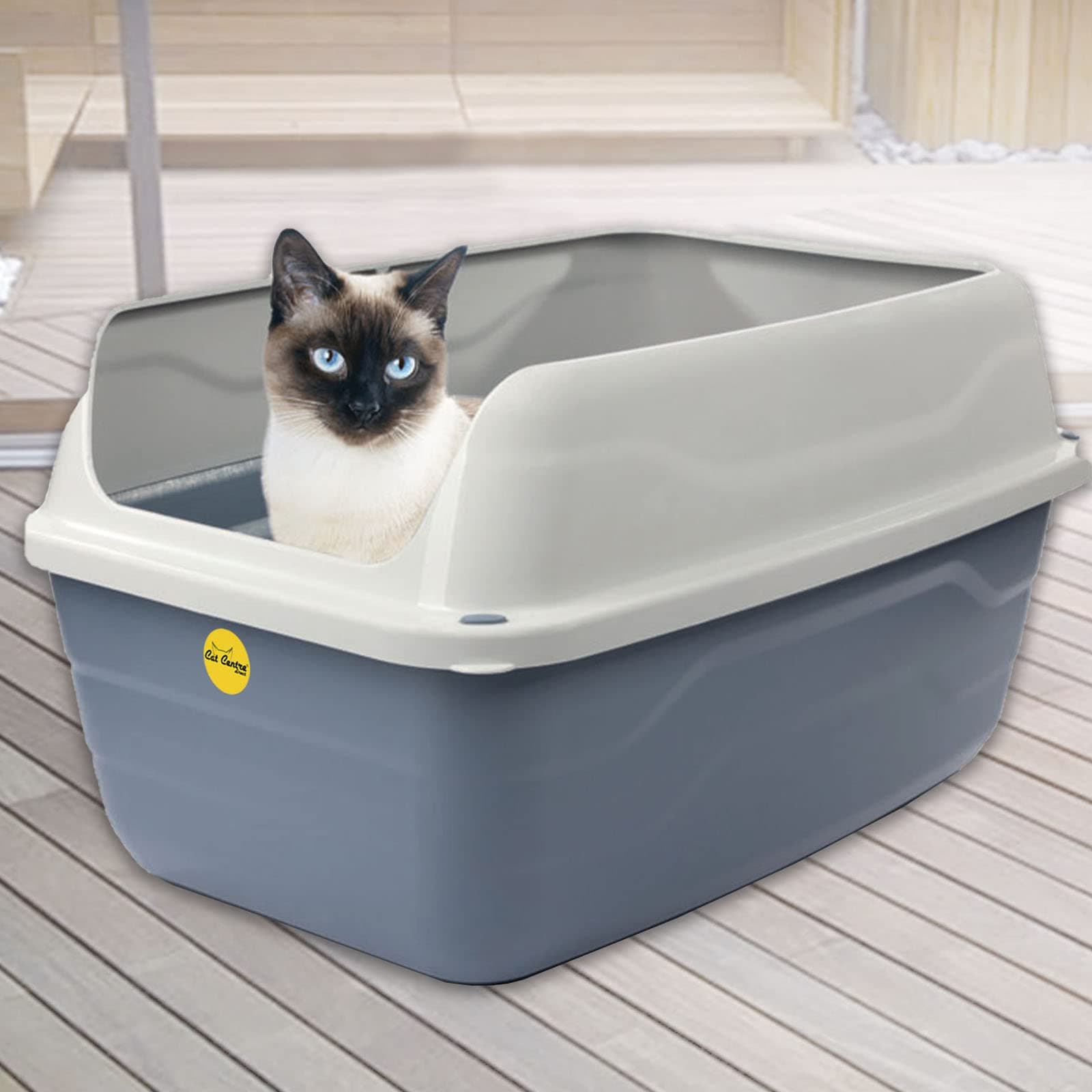 Jumbo Open Cat Litter Tray Box Grey Pan 56cm Plastic Toilet Extra Deep Anti-Spillage Non-Leaking Kittens Loo Detachable Extra High Rim Rounded Corners Easy Access Safe Durable