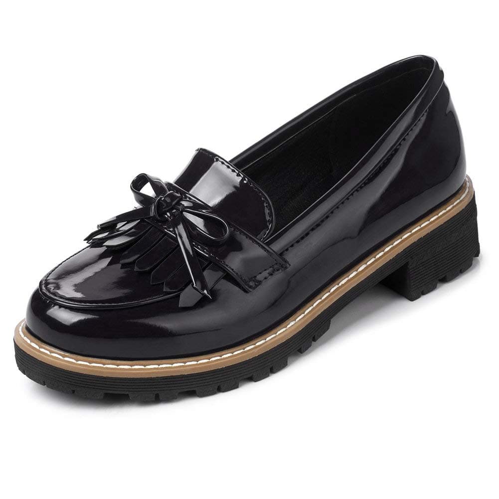 Ifantasy Women’s Penny Loafers Flat Low Heel Bow Tassel Patent Leather Slip On Shoes