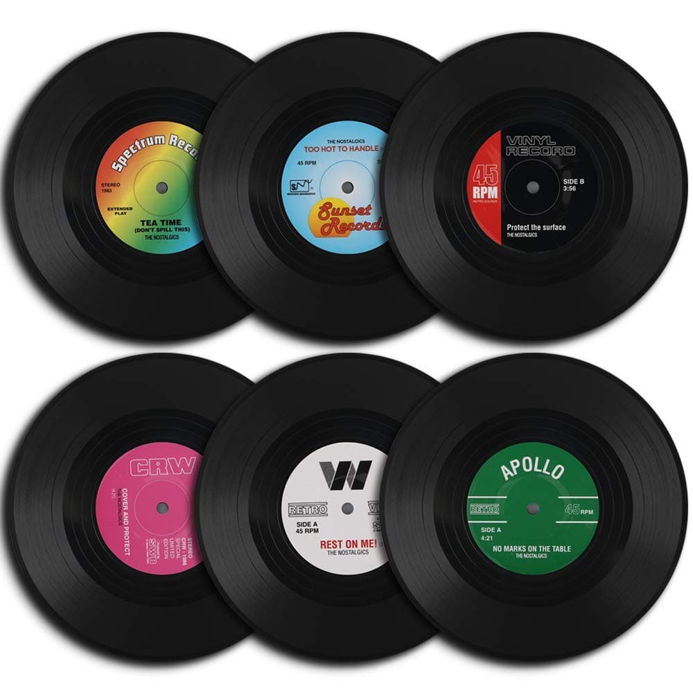 KASTWAVE Vinyl Record Coasters 6 Pcs Retro Style Vinyl Coasters Drinks Colorful Retro Decoration for Home Office Bar Funny House Warming Gift for Music Lovers Set