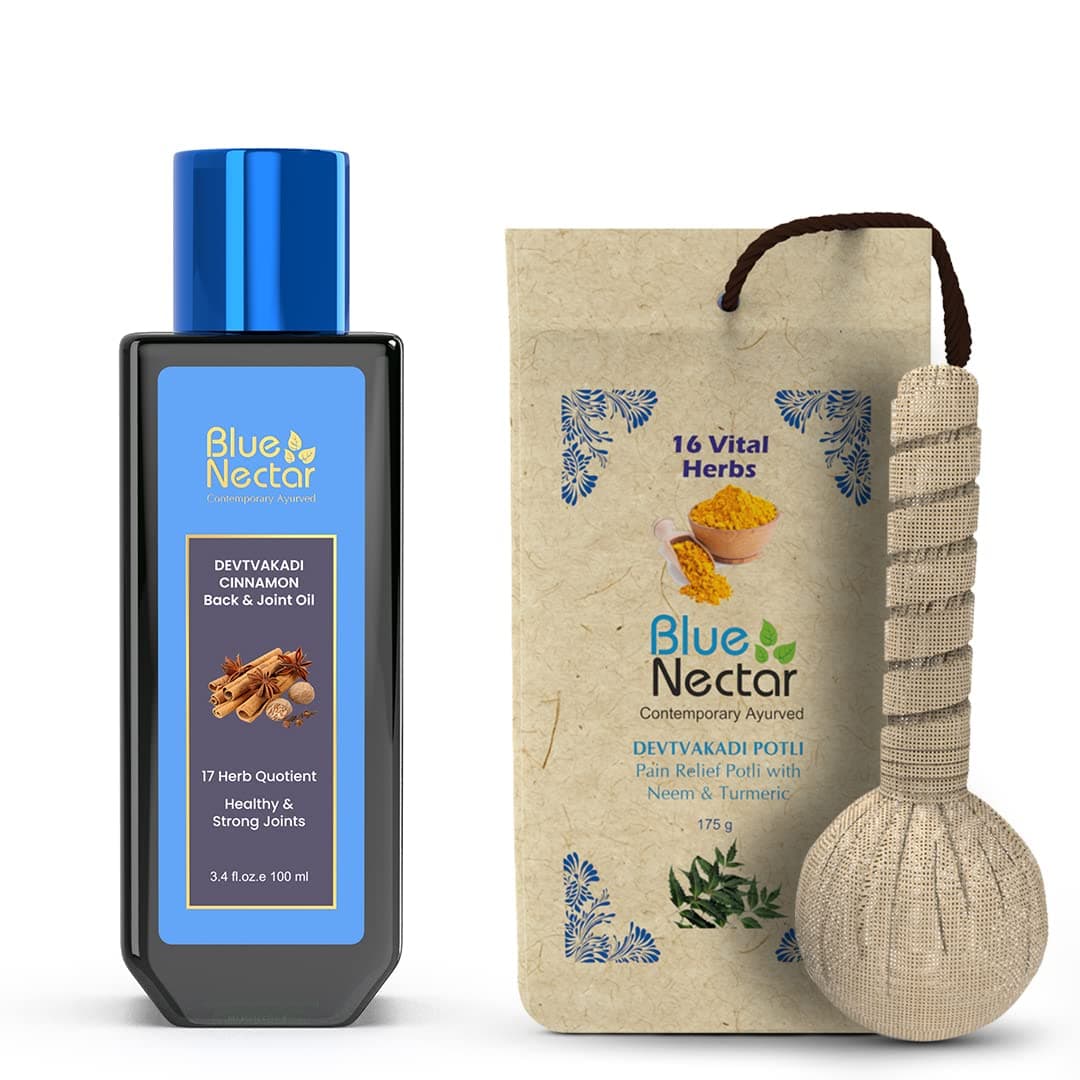 Blue NectarAyurvedic Pain Relief Combo: Pain Relief Oil - 100ml & Compress Potli - 175g | for Body, Back, Knee, Joint and Legs Massage
