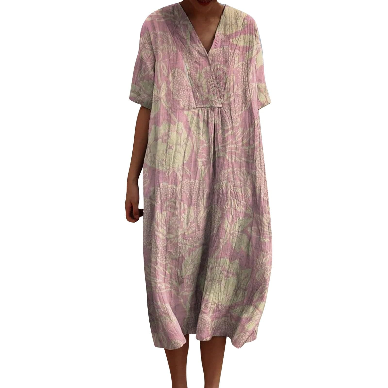 GenericWomen's Short Sleeve Linen Dress Vintage Floral Art Print Casual Flowy Dress