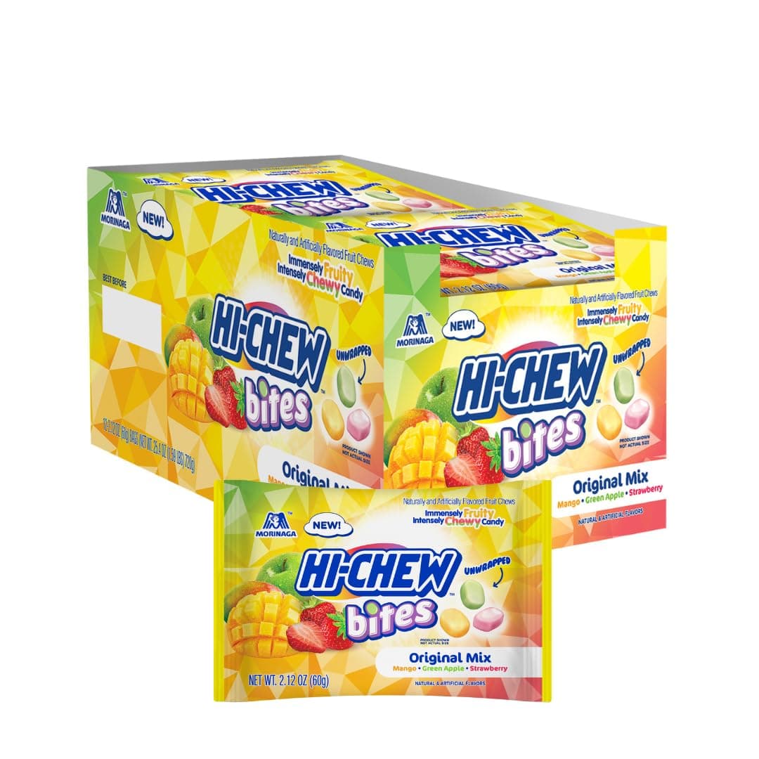 HI-CHEW Bites Original Mix Bulk Candy, Pack of 12 Bags, 2.12oz each - Mango Green Apple Strawberry Chewlets - Unique Fun Soft & Chewy Taffy Candy, Immensely Juicy Fruit Flavors