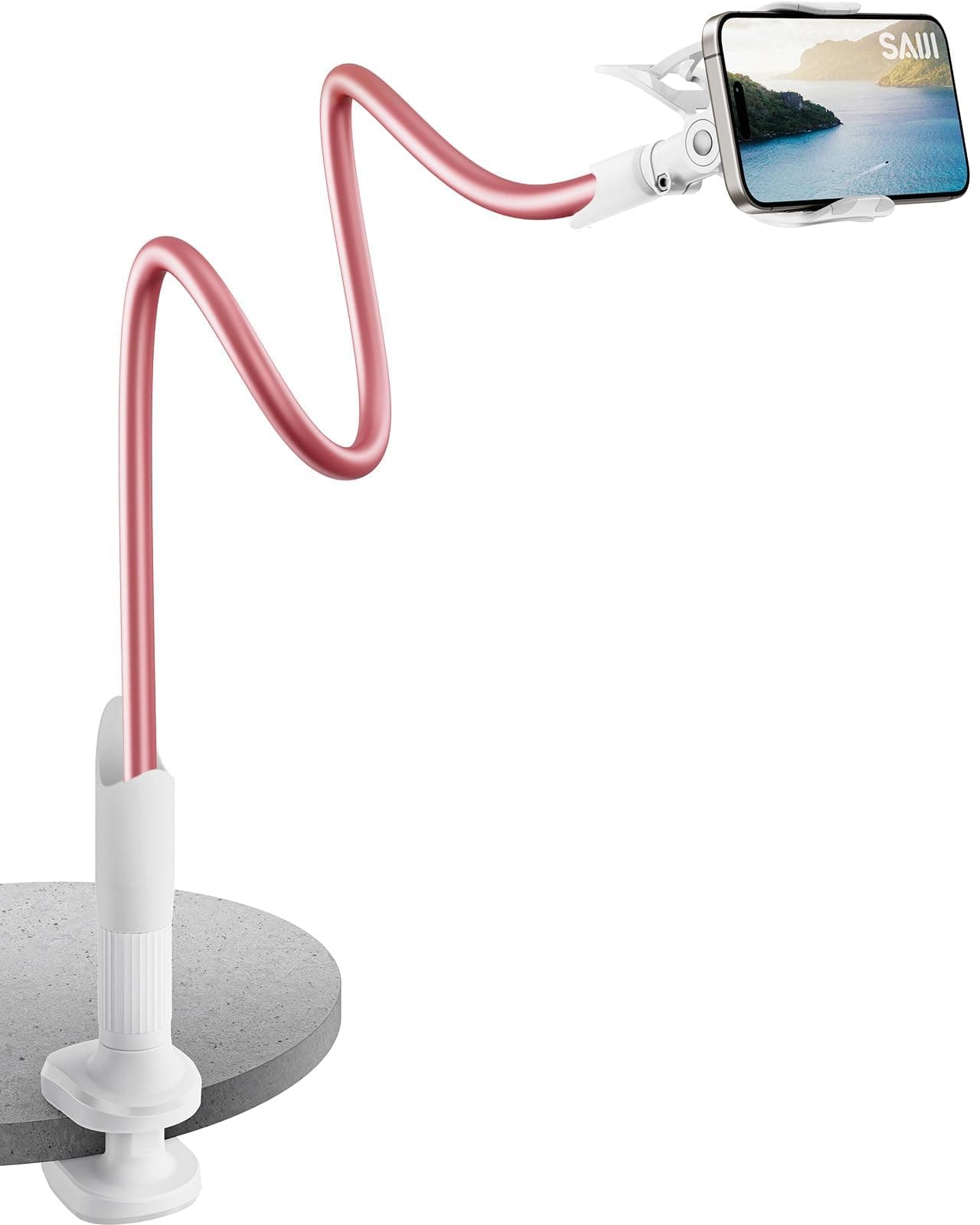 SAIJI Gooseneck Cell Phone Stand, Universal Clamp Lazy Mount Clip Hands Free Flexible Long Arm Bracket Grip for 4.0-6.3 Phones Mobile Stand Baby Monitor for Desk, Bed, Office, Kitchen (Rose Gold)