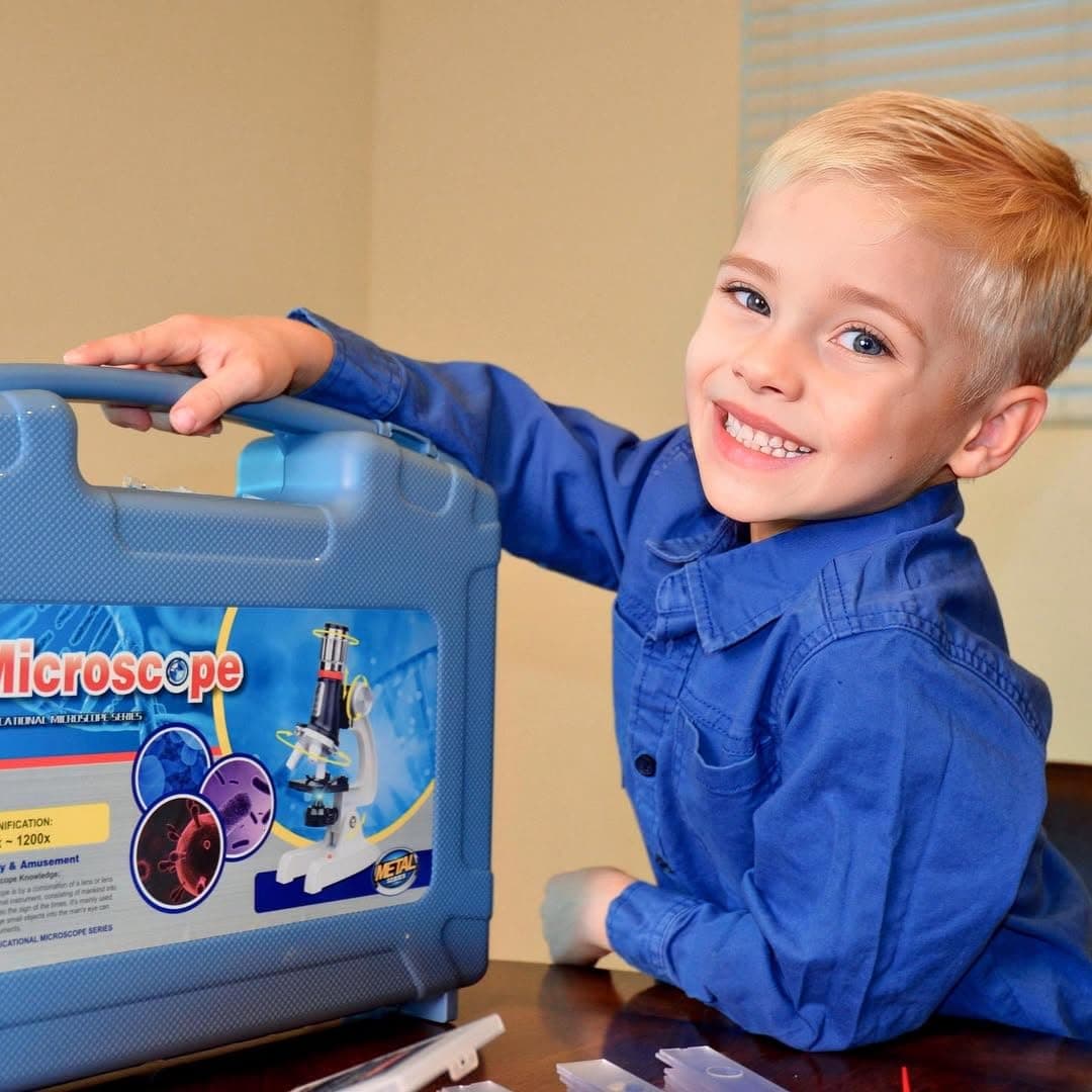 Uarzt 58-Piece Kids Microscope Kit - 100X-1200X Magnification, Metal Body, LED Light, Carrying Box - Science Experiment Toy for Kids Ages 5-12