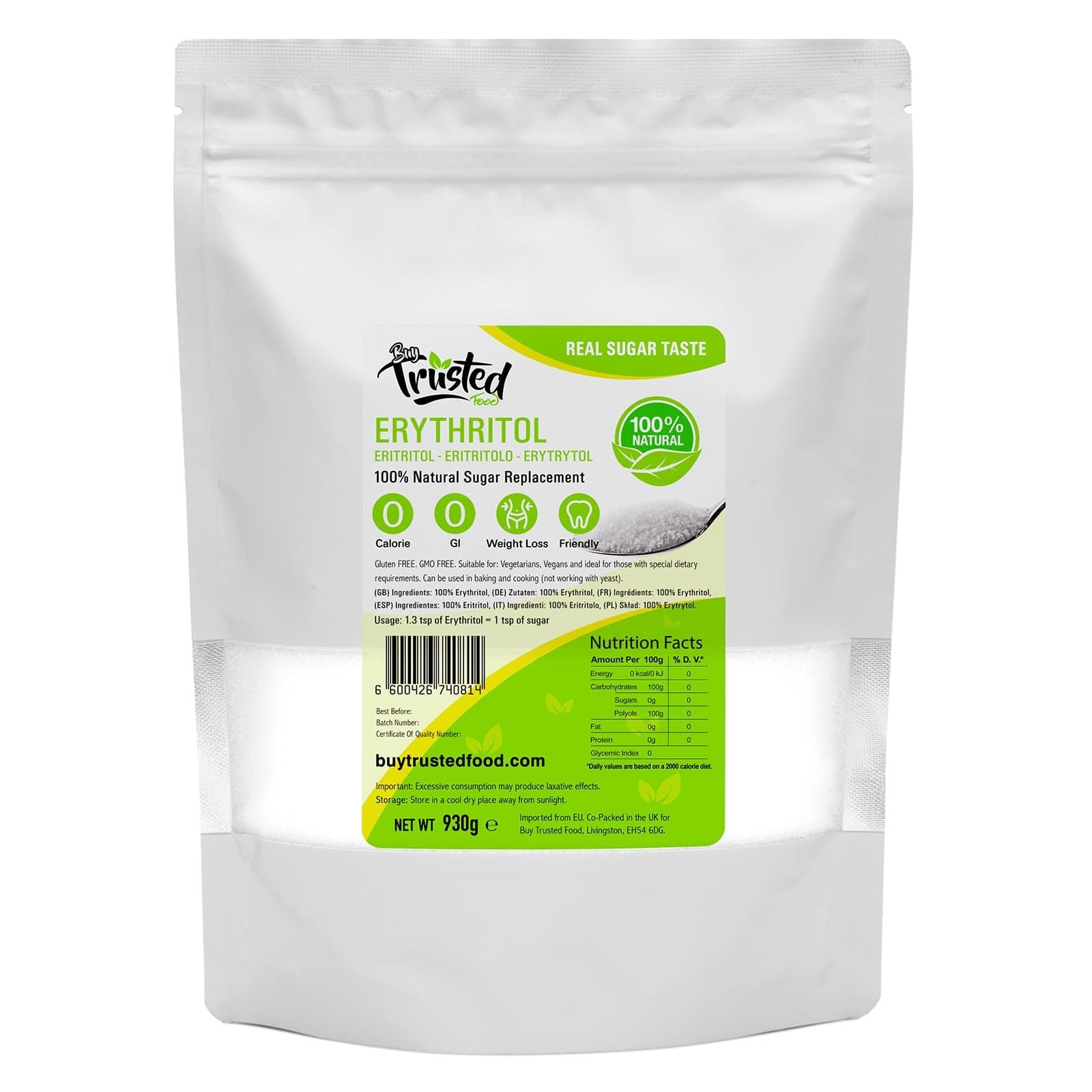 Erythritol 1kg 2kg - Zero Calorie 100% Natural Sugar Replacement (1kg ( 930g Netto )