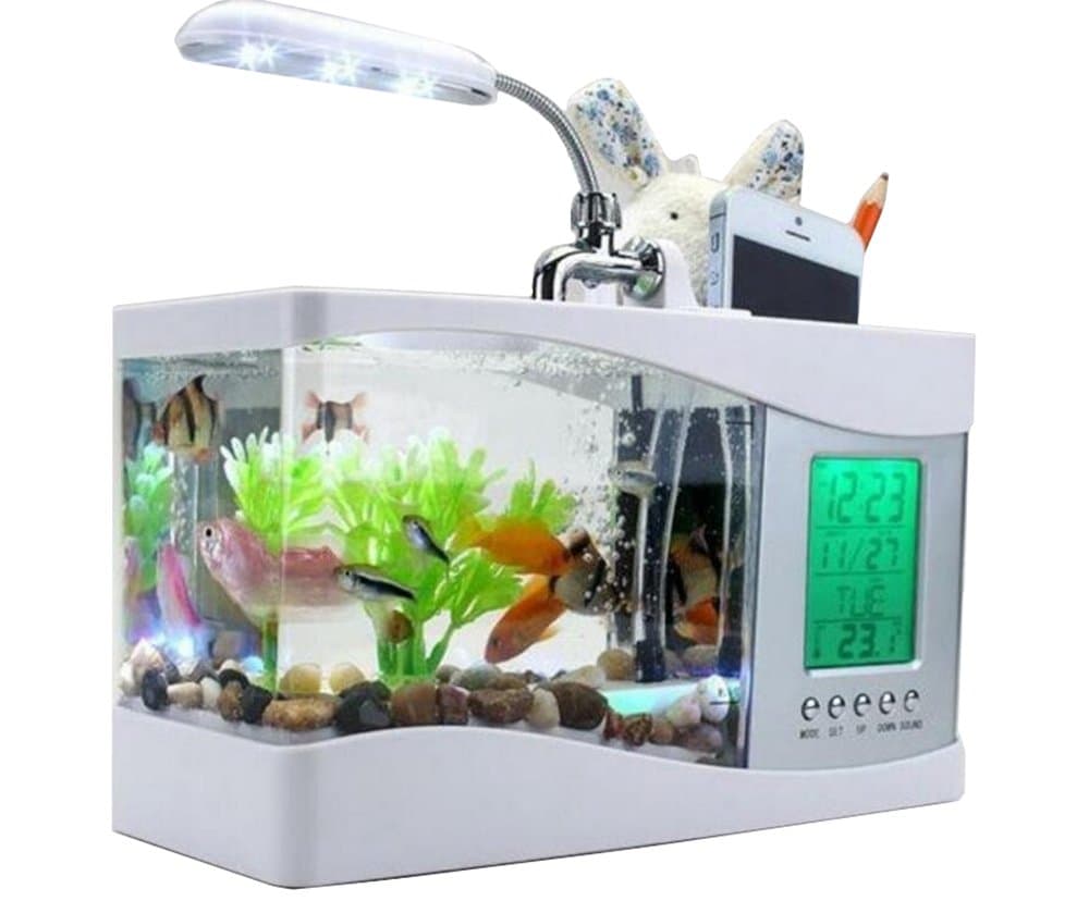 Anself Mini USB LCD Desktop Lamp Fish Tank Aquarium LED Clock with 6 Modes of Tranquil Nature Sounds, Fish Tank Ornaments, White