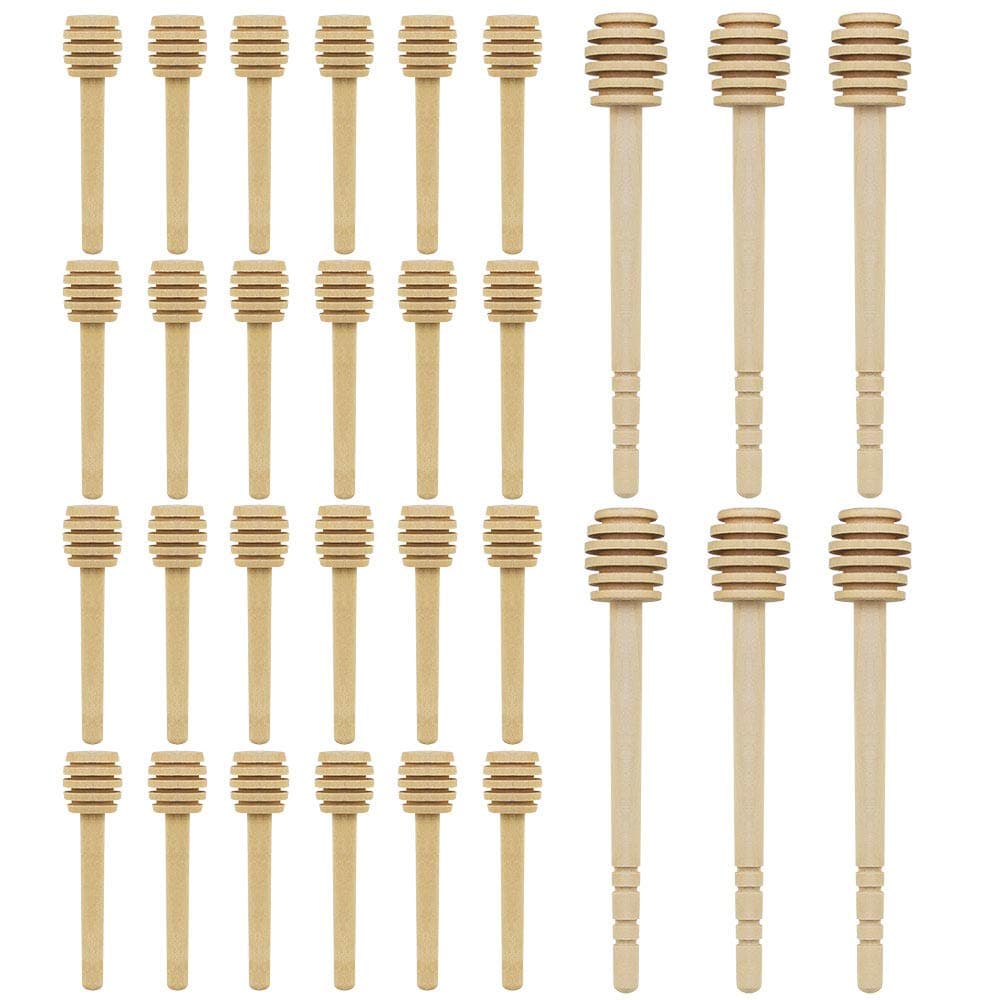 TANCUDER 30Pcs Honey Spoons,Wooden Honey Dipper Sticks Individually Wrapped Honey Stirrer Length 15CM and 8CM,Server for Honey Jar Dispense Drizzle Honey/Wedding Party Favors (6 Large and 24 Mini)