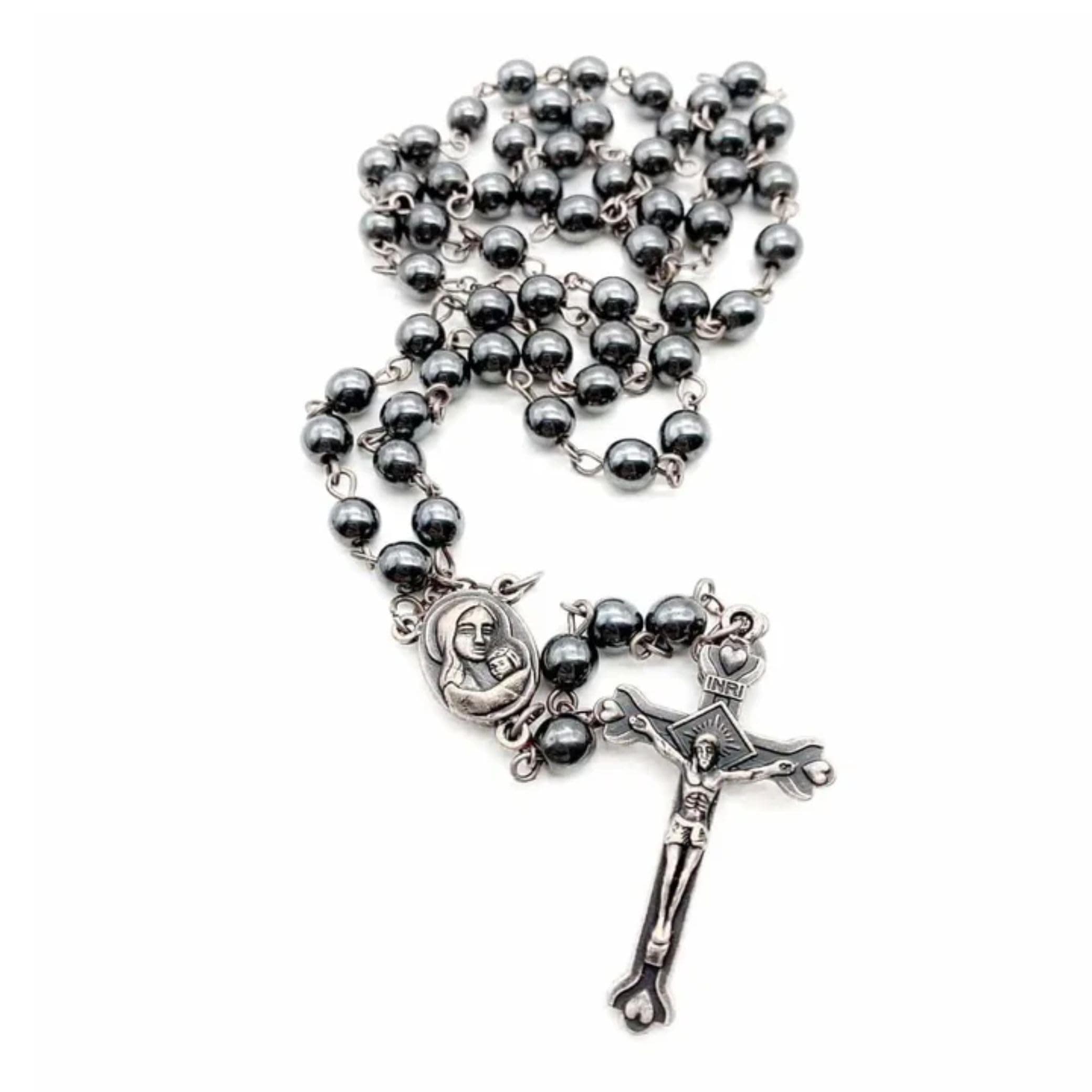 Hematite Rosary Beads Black Stone Catholic Rosary Necklace with Jerusalem Holy Soil & Cross Antique Religious Rosaries Beads Collection