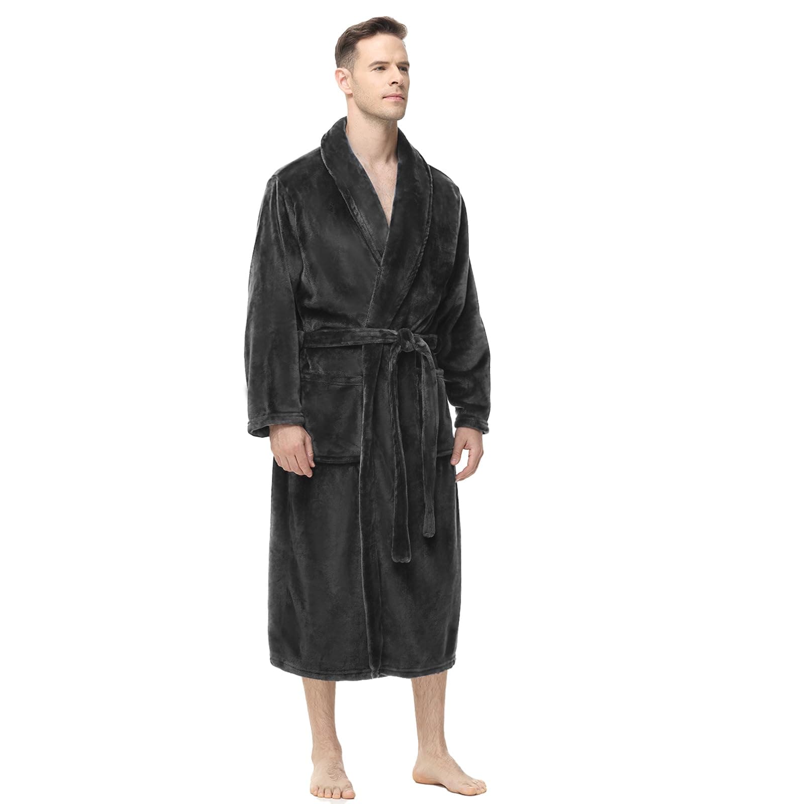 Mens Fleece Robe, Soft Plush Robe for Men, Fluffy Bathrobe with Belt & 2 Pockets