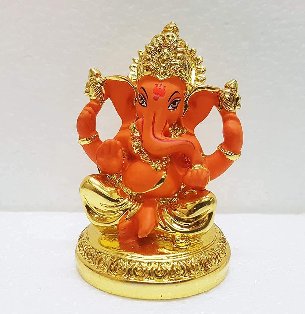 Gold Art India Ceramic Ganesh Idol For Car Dashboard Ganesha Murti Ganpati Idol For Home Decor Puja Lord Ganesh Statue Gift For Office Desk Puja Room Figurine 3 Inches, Gold and Orange
