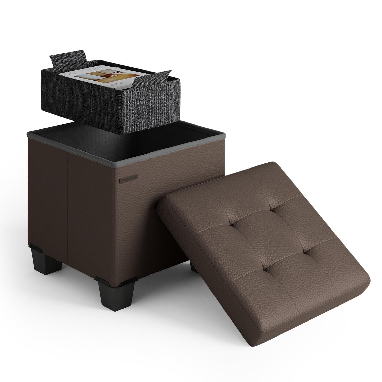 Storage Ottoman Cube with Small Bin, 15-in Square Ottoman with Storage for Living Room and Bedroom, Small Ottomans Foot Rest, Faux Leather Foot Stools Ottomans Max 330lbs, Brown