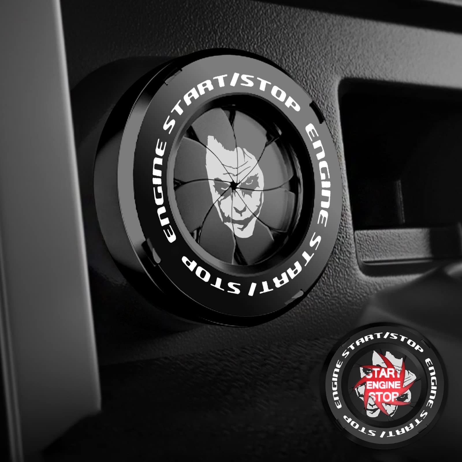 Tybasthe Rotary Push Start Button Cover, Joker Car Accessories Engine Start Stop Button Cover, Car Stickers Interior Decor, Motorcycle Ignition Key Switch Cover, Black