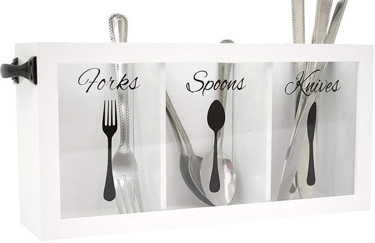 Blu Monaco Cutlery Caddy - Made of White Wood - Three Compartments for Forks, Spoons, Knives - Black Handles - Kitchen Utensil Organizer - Silverware Caddy - Flatware Caddy