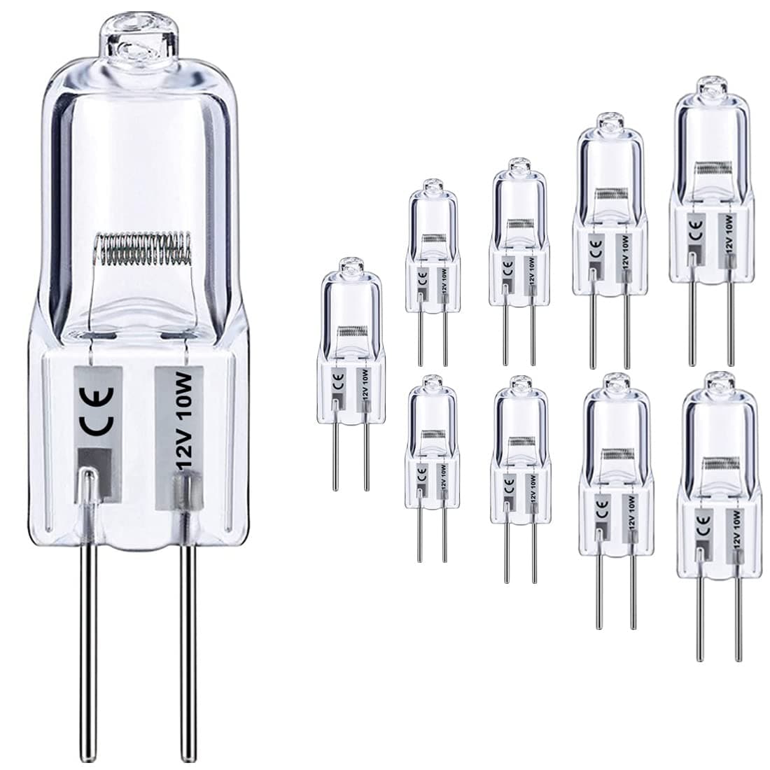 G4 Halogen Bulb, 10 Pack 12V 10W Bi-pin Base, High Output 150LM 3000Hrs Long Lifetime, Dimmable, CRI100 & 2800K Warm White, for Cabinet Light Bulbs