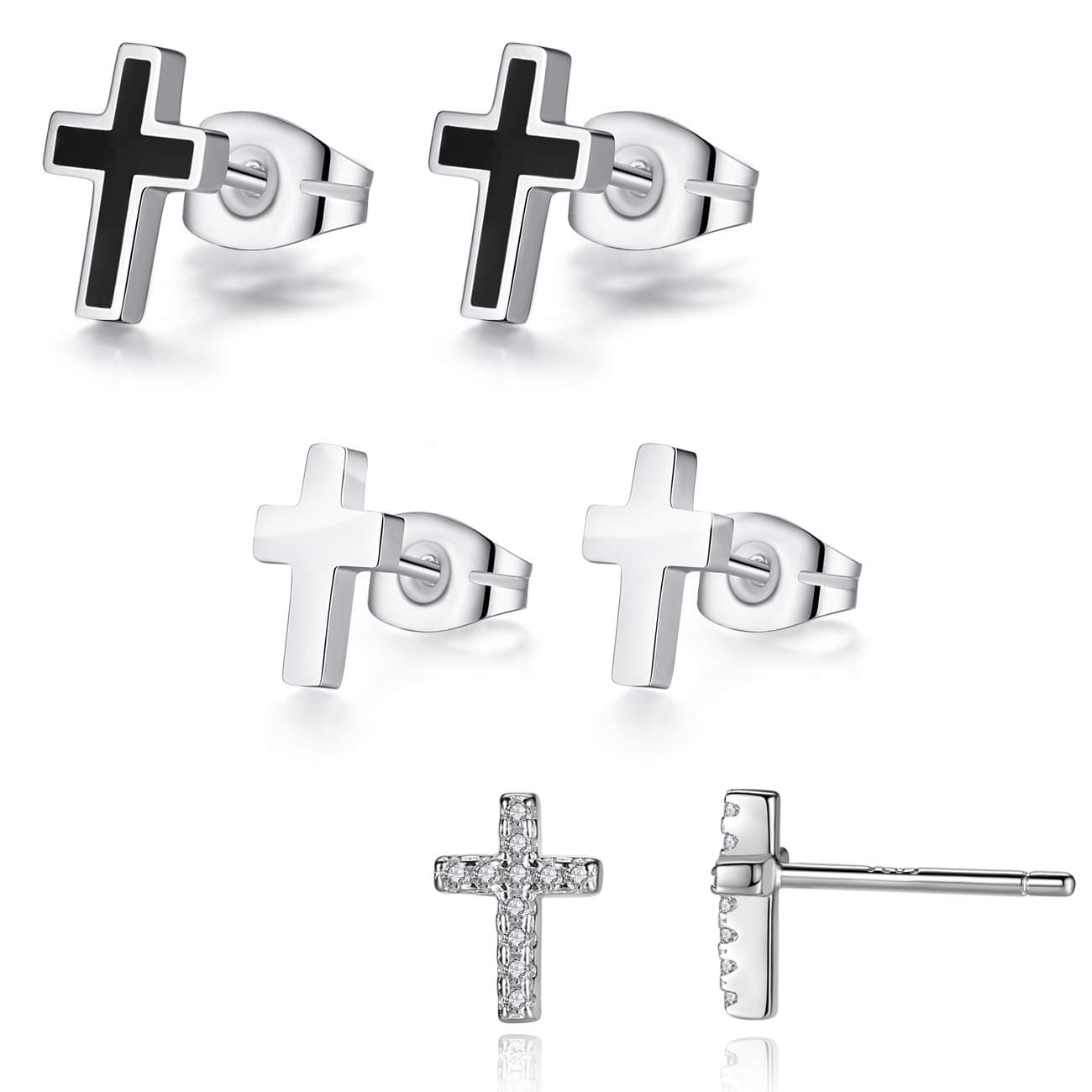 925 Sterling Silver and Stainless Steel Cross Stud Earrings for Women Men, 3 Pairs
