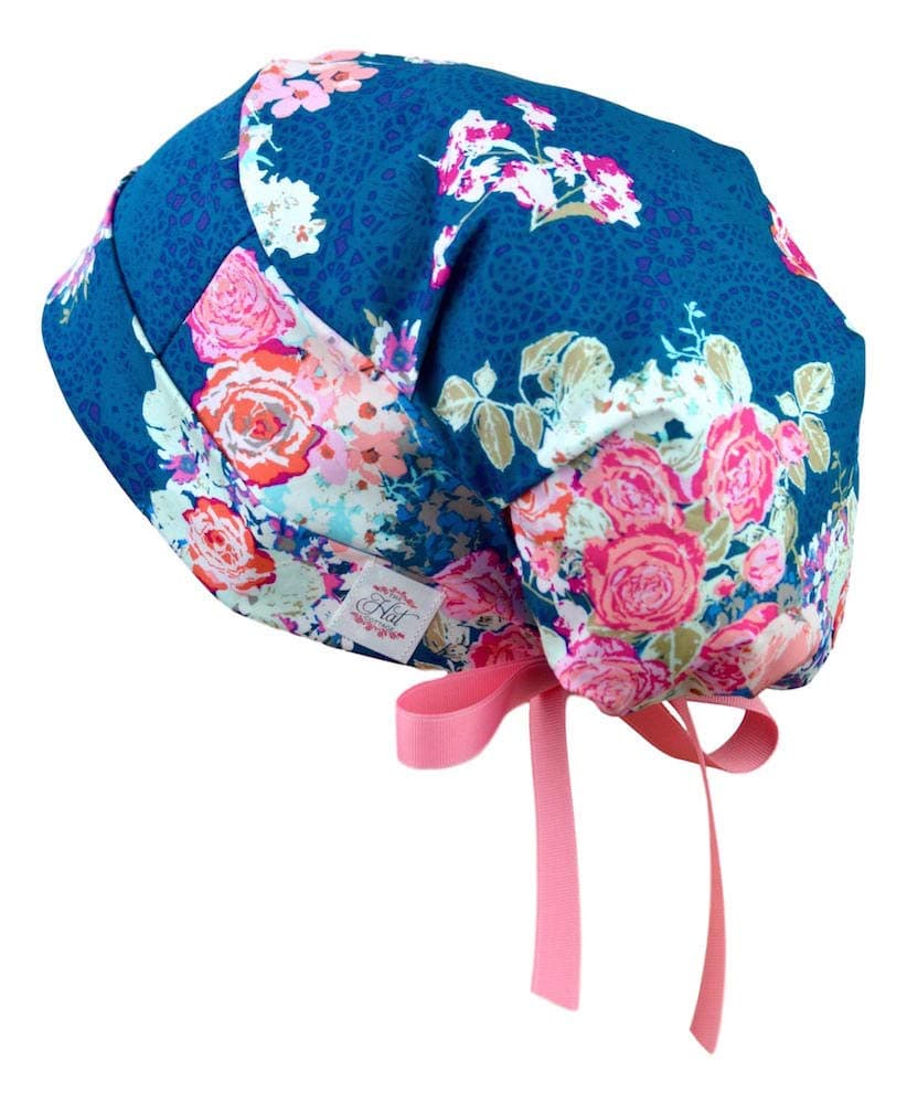Womens Surgical Scrub Hat Adjustable Medium to Large Ribbon Ties (Tea Garden)