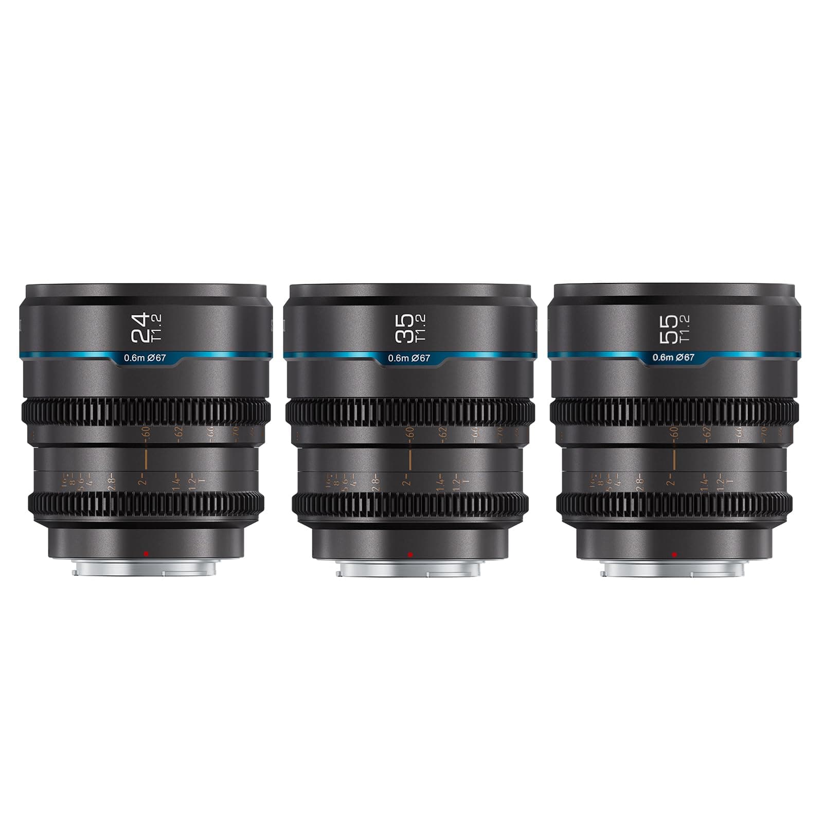 Night Walker S35 Manual Focus Cine Lens Set, 24mm, 35mm, 55mm, T1.2 Large Aperture Lens for E Mount Cameras, FX30, ZVE-10, A6500, A6600 (MS-3SEG, Metal Gray)