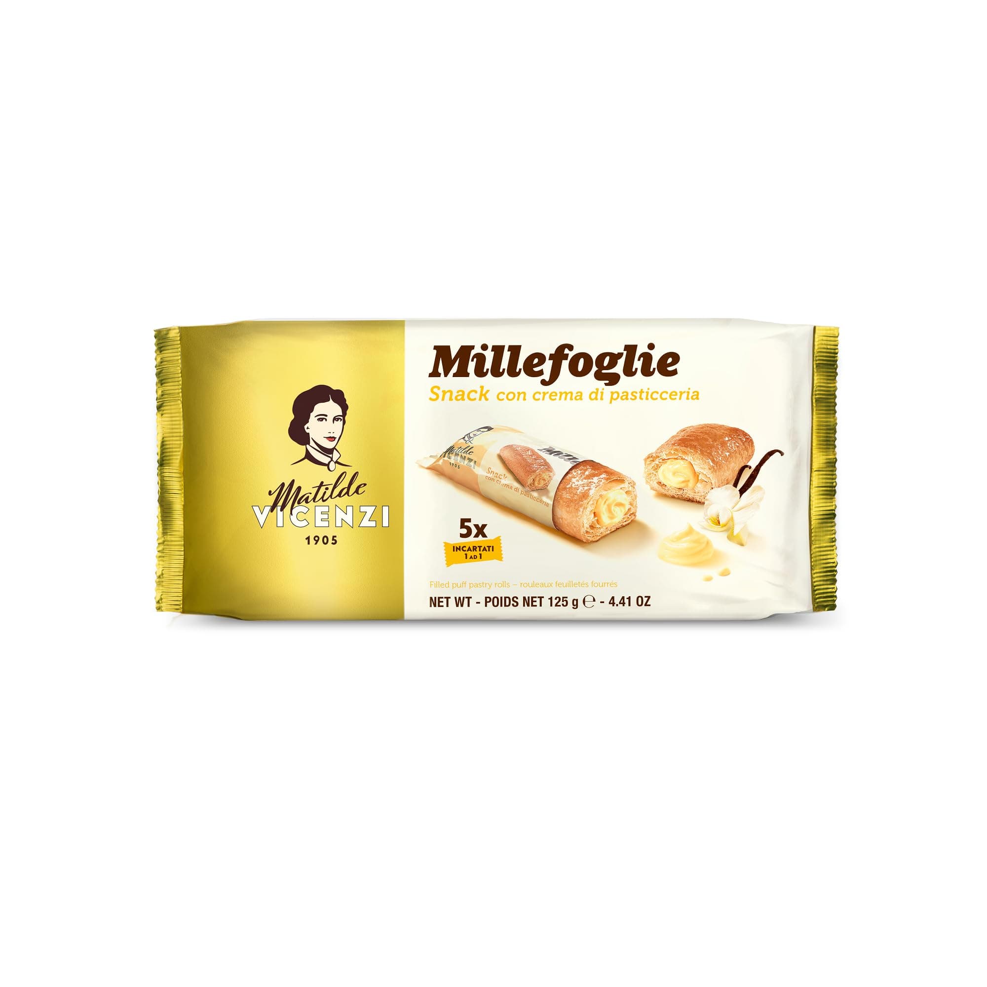 Millefoglie Mini Snack, with Pastry Cream, Rich in Cream, with Crispy Puff Pastry, Individually Packaged, 5 Pieces of 25 g