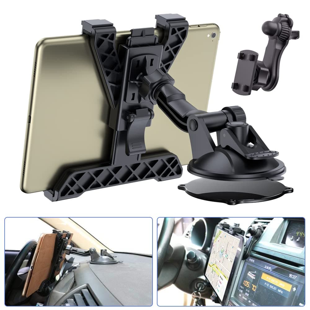 OHLPRO Tablet Holder for Car Dashboard, iPad Car Suction Cup Mount for Truck Windshield Vent with Flexible Arm Clip, for All 7"-11" iPad Samsung Galaxy Tab, 360° Rotation, Black
