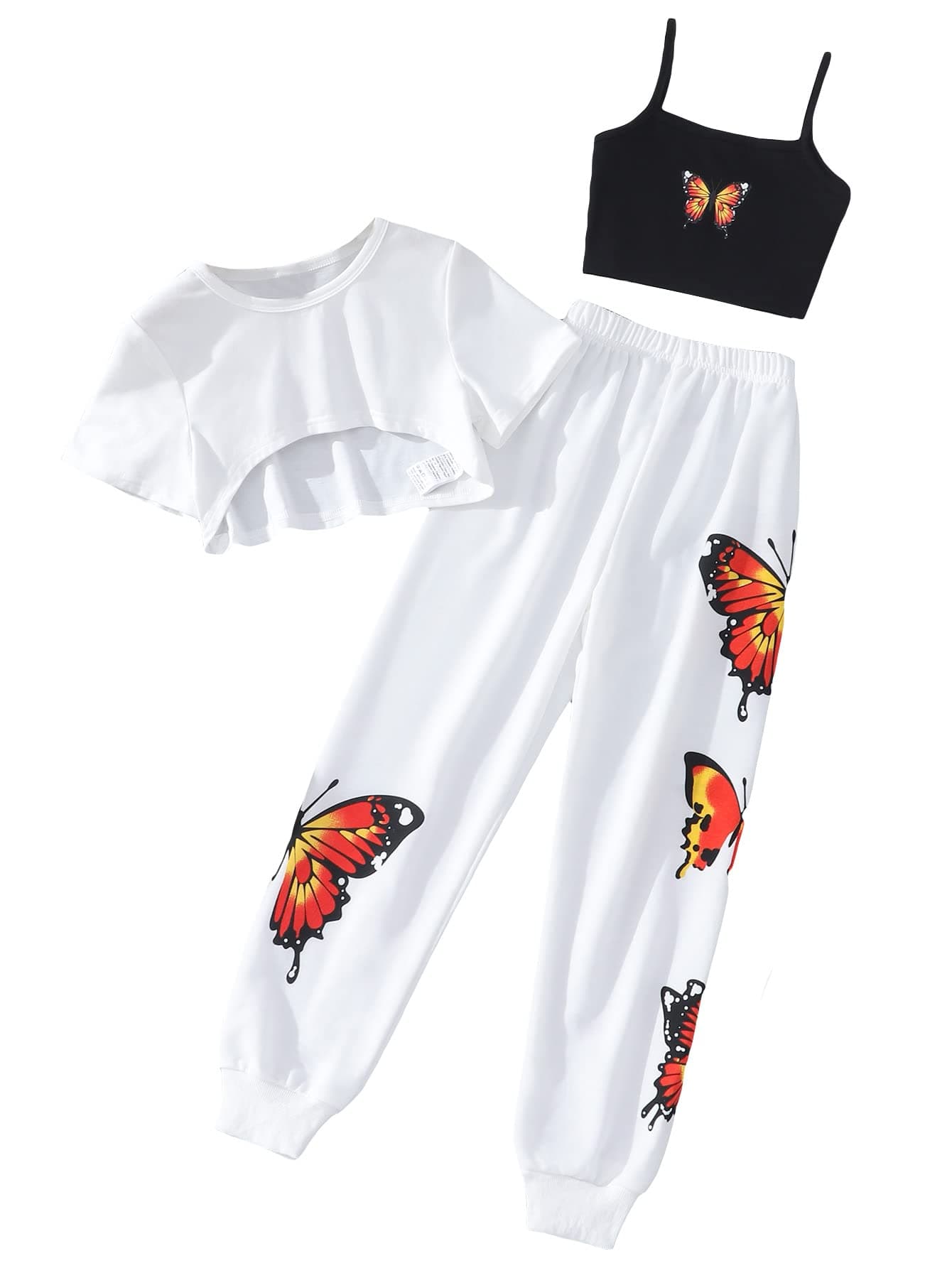 SOLY HUXGirl's Butterfly Print Cami Tops & High Low Hem Short Sleeve T Shirt with Sweatpants 3 Piece
