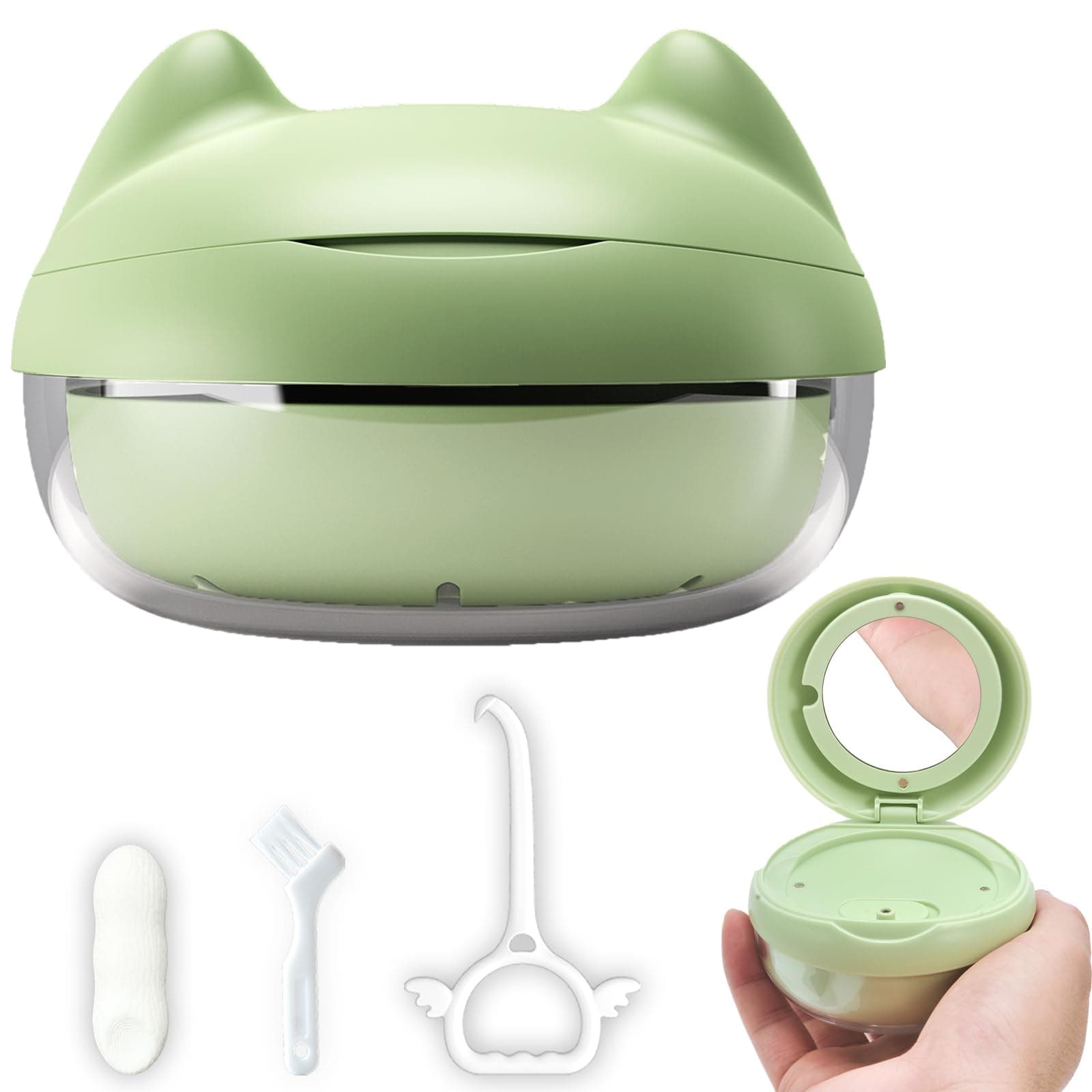 Retainer Case for Cleaning,No-Leak Mouth Guard Cute Retainer Case with Retainer Removal Tool and Brush (Green Cat)