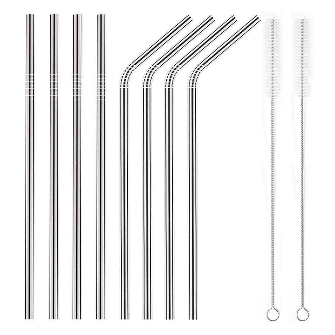 PHQ Set of 8 Stainless Steel Metal Straws. Ultra Long 8.5&10.5 Inch Reusable Straws For Tumblers, RTIC, Tervis, Ozark Trail, Starbucks, Mason Jar, Cold Beverage (4 Straight+4 Bent+2 Brushes)