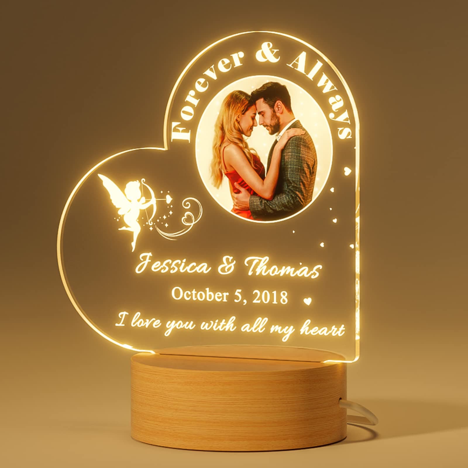 Bemaystar Personalized Gifts for Her Girlfriend - Heart Night Light with Picture, Wedding Engagement Birthday Wife Couple Boyfriend Husband Him, Customized Anniversary