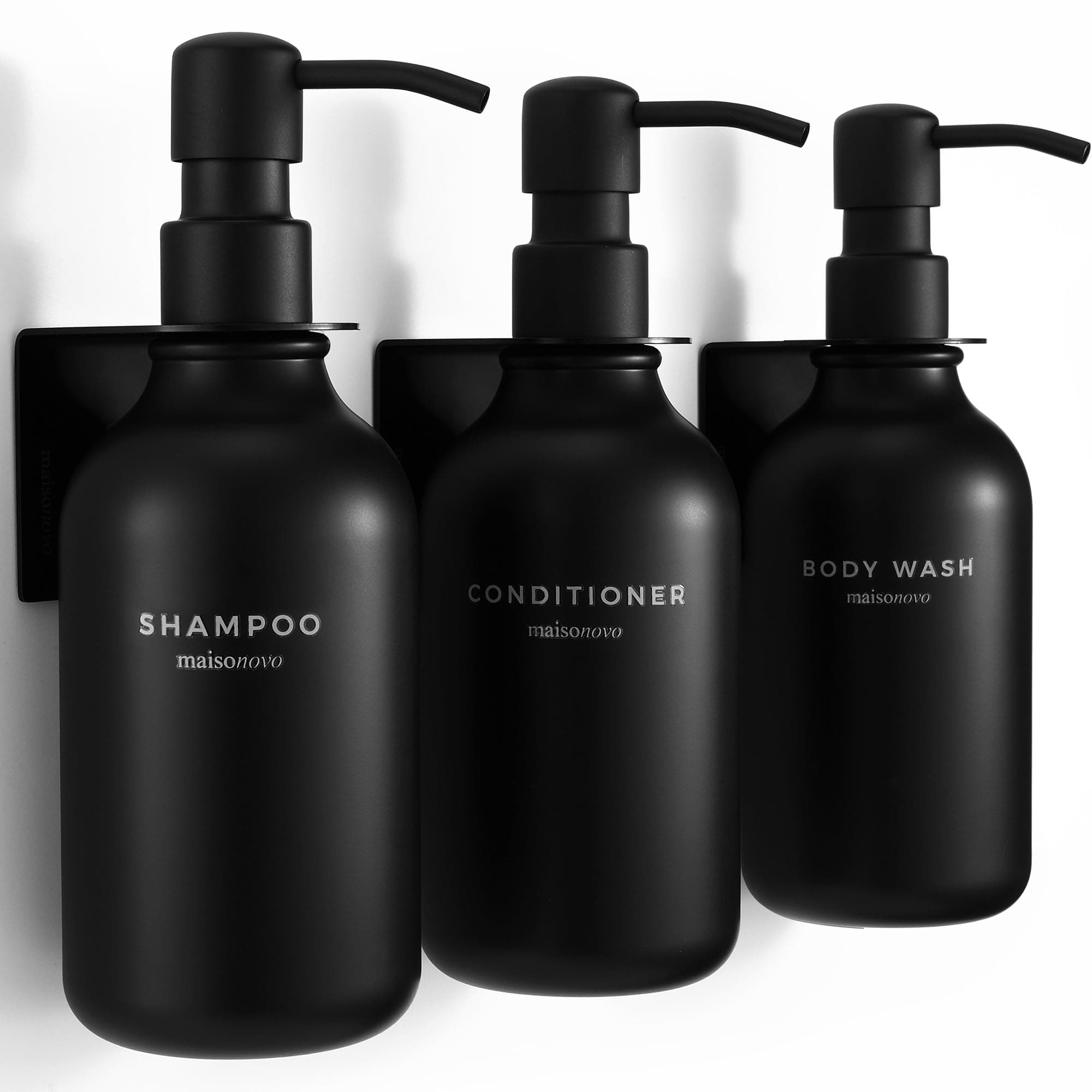 MaisoNovo Shampoo Dispenser for Shower Wall 3 Chamber - Drill Free Soap Dispenser Wall Mount with Waterproof Labels | 3 Black Plastic Bottles 3 Black Wall Mounts
